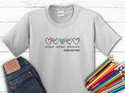 Accept Adapt Advocate Love Hearts Kids Tee-Ash-Neurodiversity, ADHD & Autism Awareness & Acceptance Kids clothes by Daily Bloom