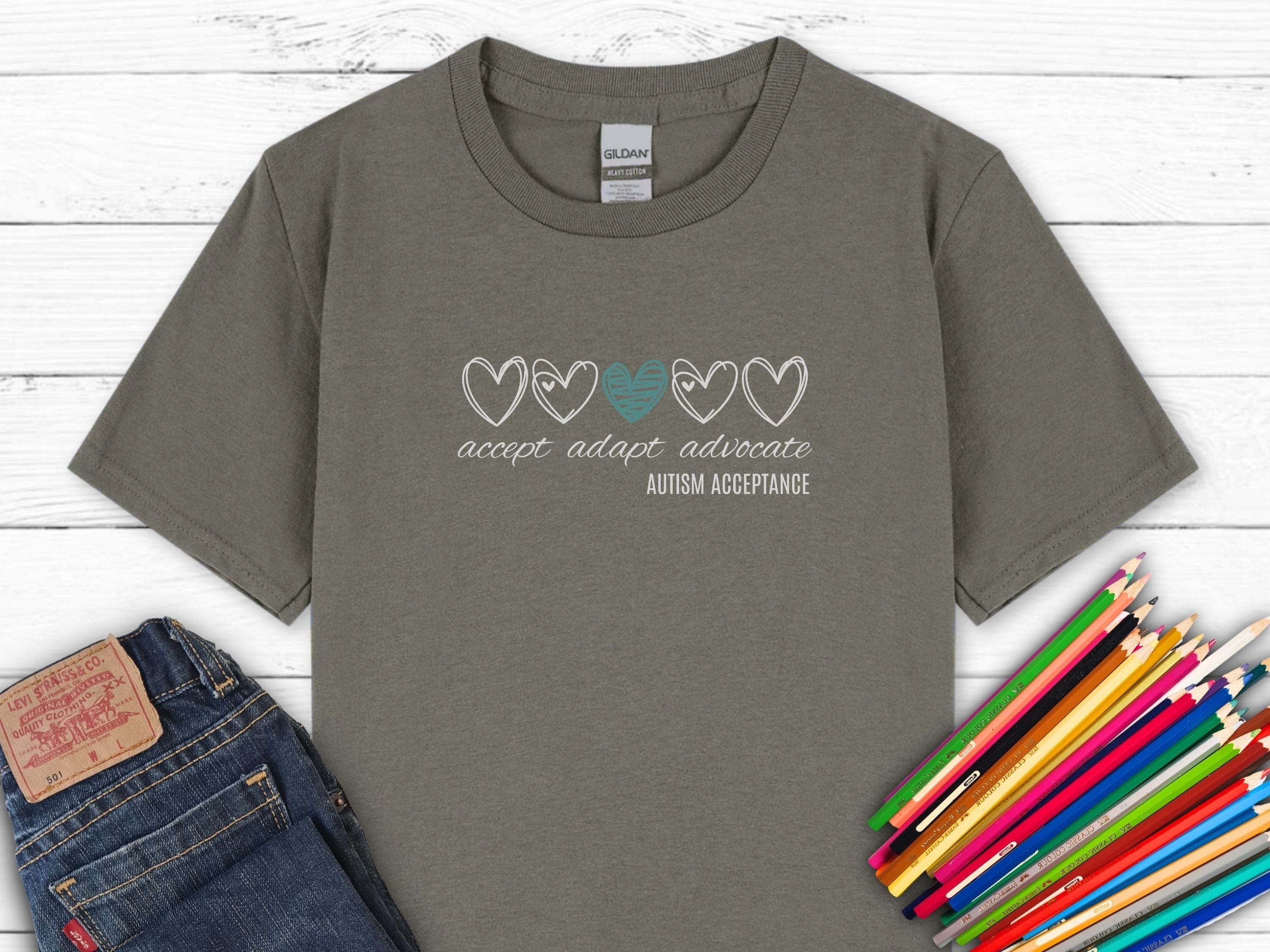 Accept Adapt Advocate Love Hearts Kids Tee-Charcoal-Neurodiversity, ADHD & Autism Awareness & Acceptance Kids clothes by Daily Bloom