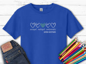 Accept Adapt Advocate Love Hearts Kids Tee-Royal-Neurodiversity, ADHD & Autism Awareness & Acceptance Kids clothes by Daily Bloom