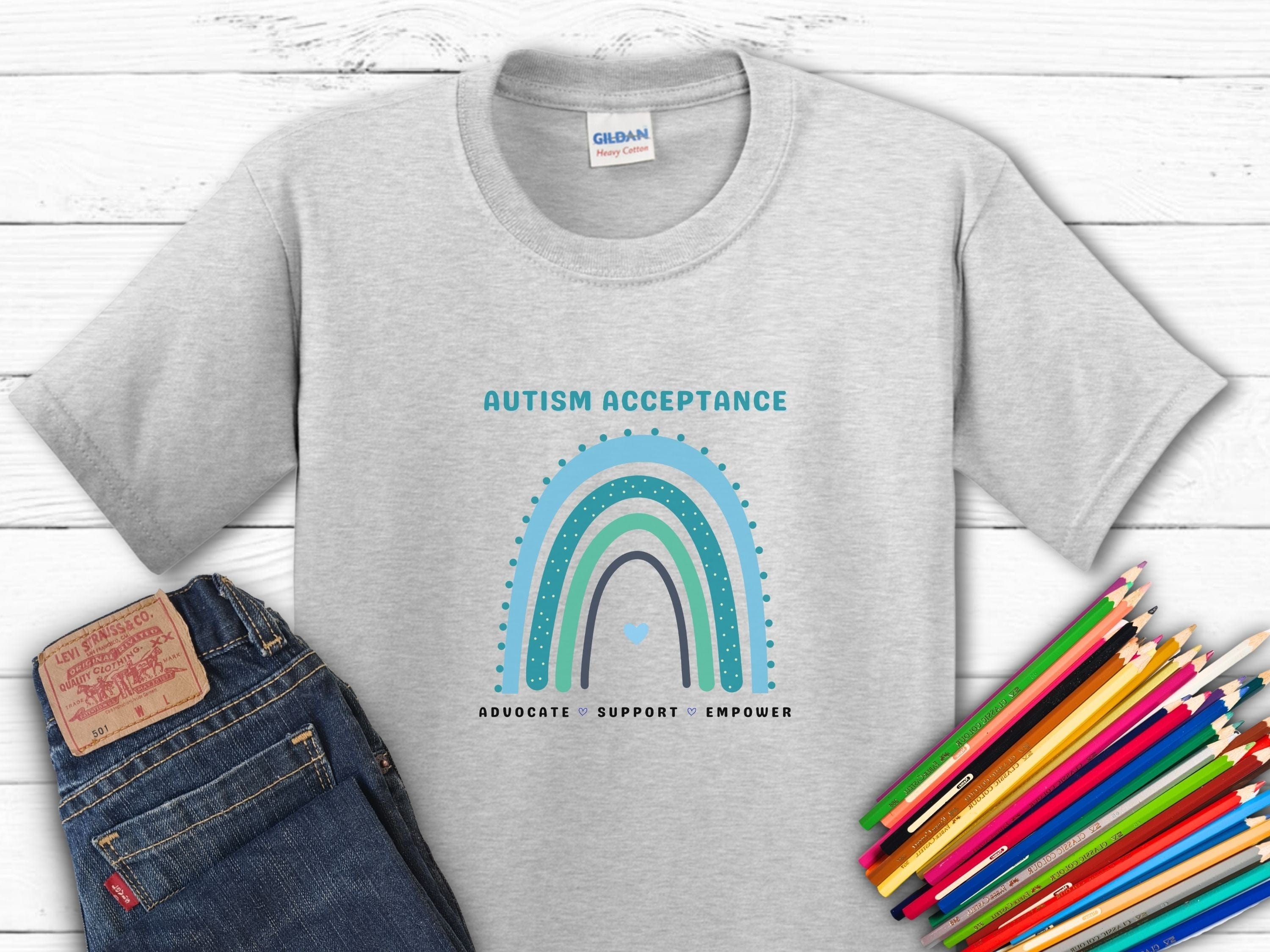 Advocate Support Empower Autism Acceptance Rainbow Kids T-Shirt-Ash-Neurodiversity, ADHD & Autism Awareness & Acceptance Kids clothes by Daily Bloom