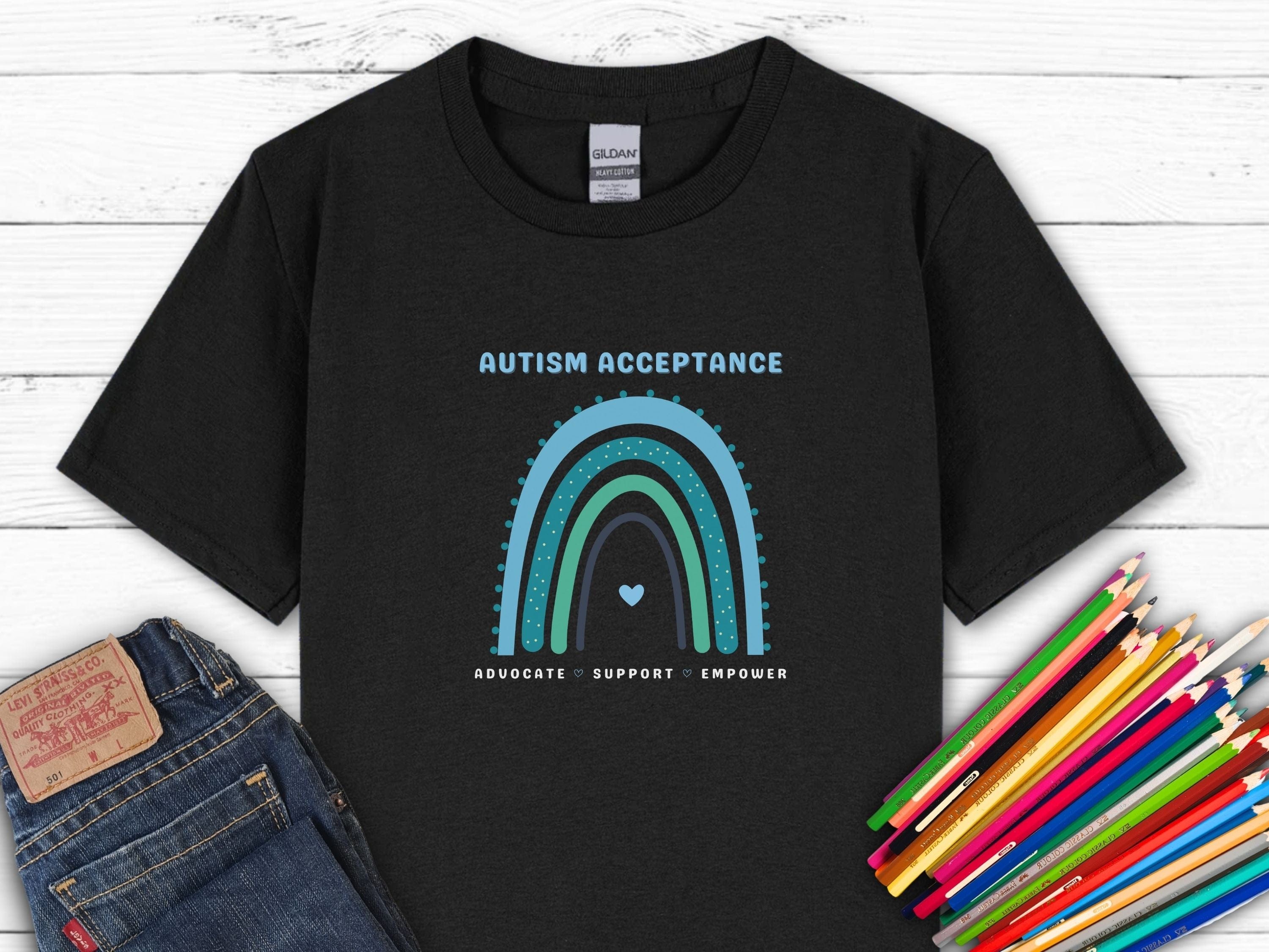Advocate Support Empower Autism Acceptance Rainbow Kids T-Shirt-Black-Neurodiversity, ADHD & Autism Awareness & Acceptance Kids clothes by Daily Bloom
