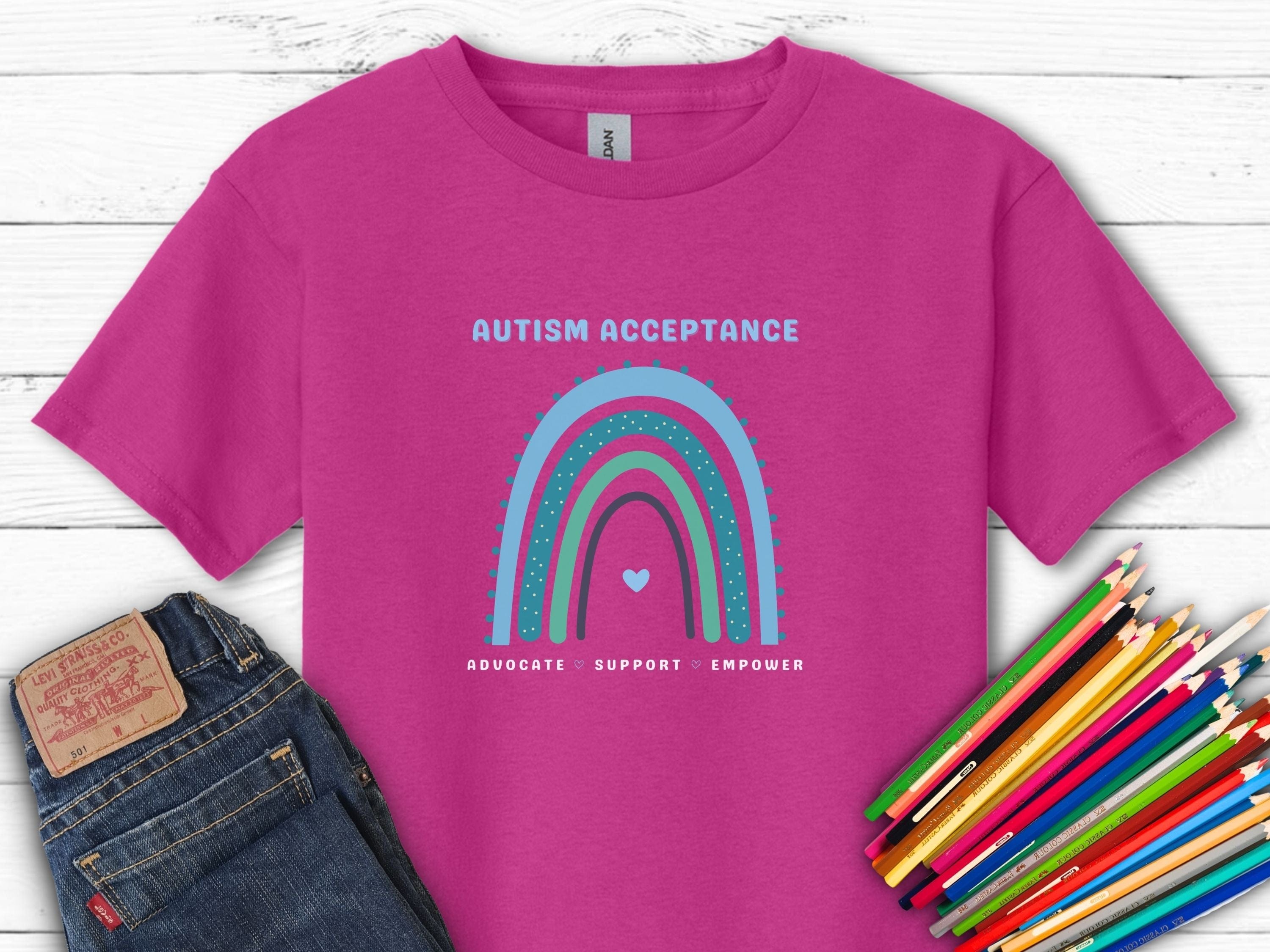 Advocate Support Empower Autism Acceptance Rainbow Kids T-Shirt-Heliconia-Neurodiversity, ADHD & Autism Awareness & Acceptance Kids clothes by Daily Bloom