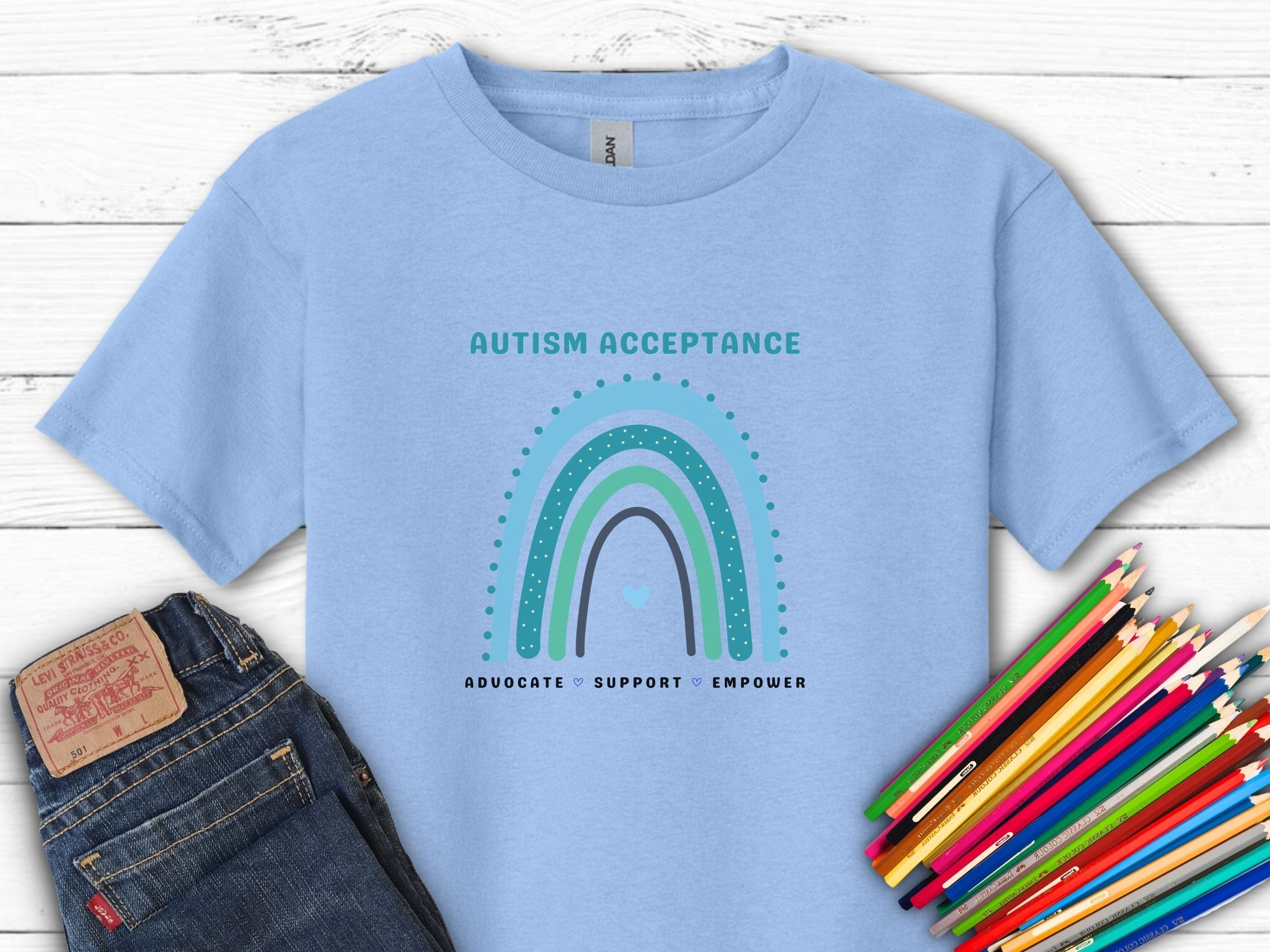 Advocate Support Empower Autism Acceptance Rainbow Kids T-Shirt-Light Blue-Neurodiversity, ADHD & Autism Awareness & Acceptance Kids clothes by Daily Bloom