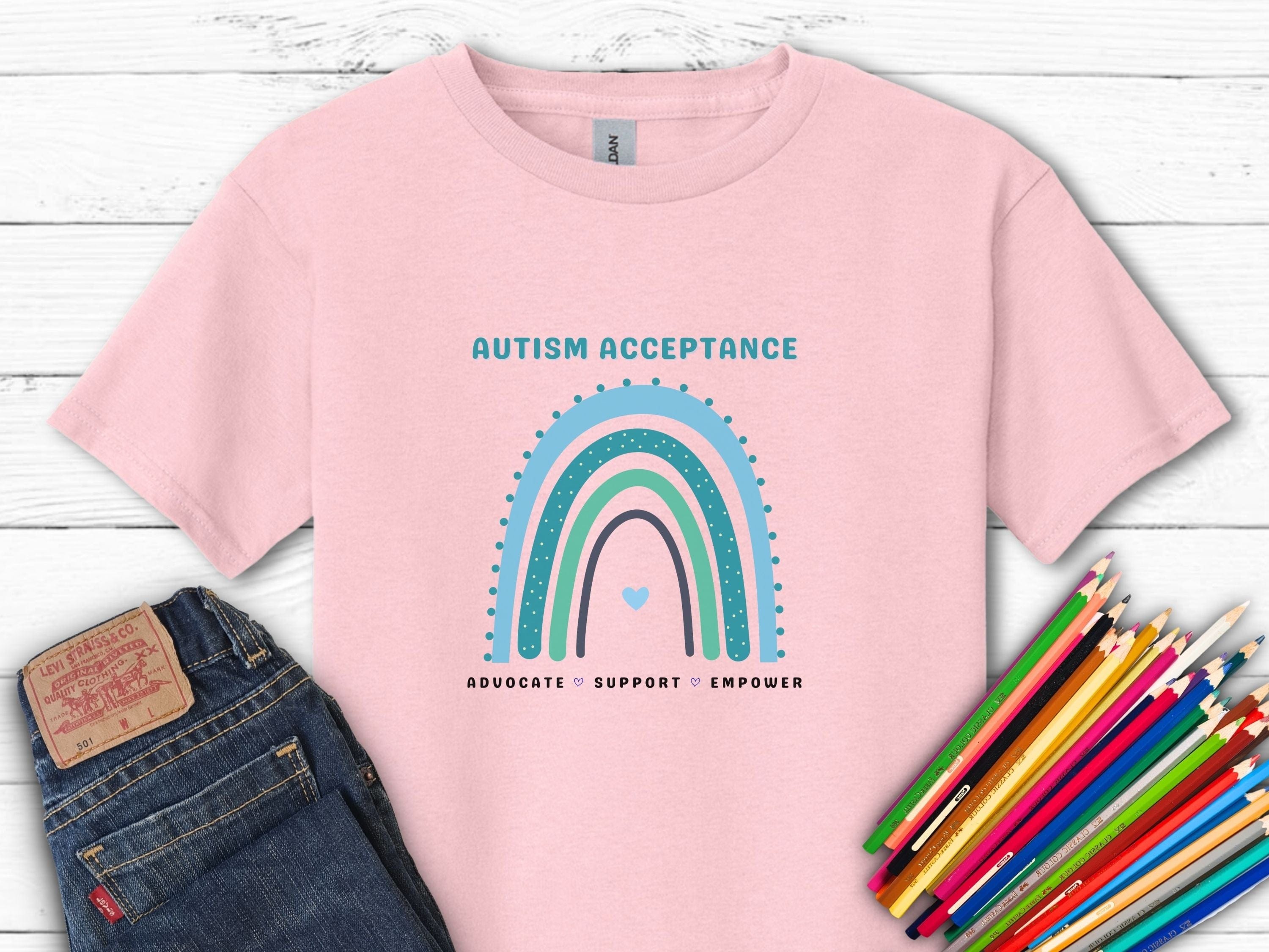 Advocate Support Empower Autism Acceptance Rainbow Kids T-Shirt-Light Pink-Neurodiversity, ADHD & Autism Awareness & Acceptance Kids clothes by Daily Bloom