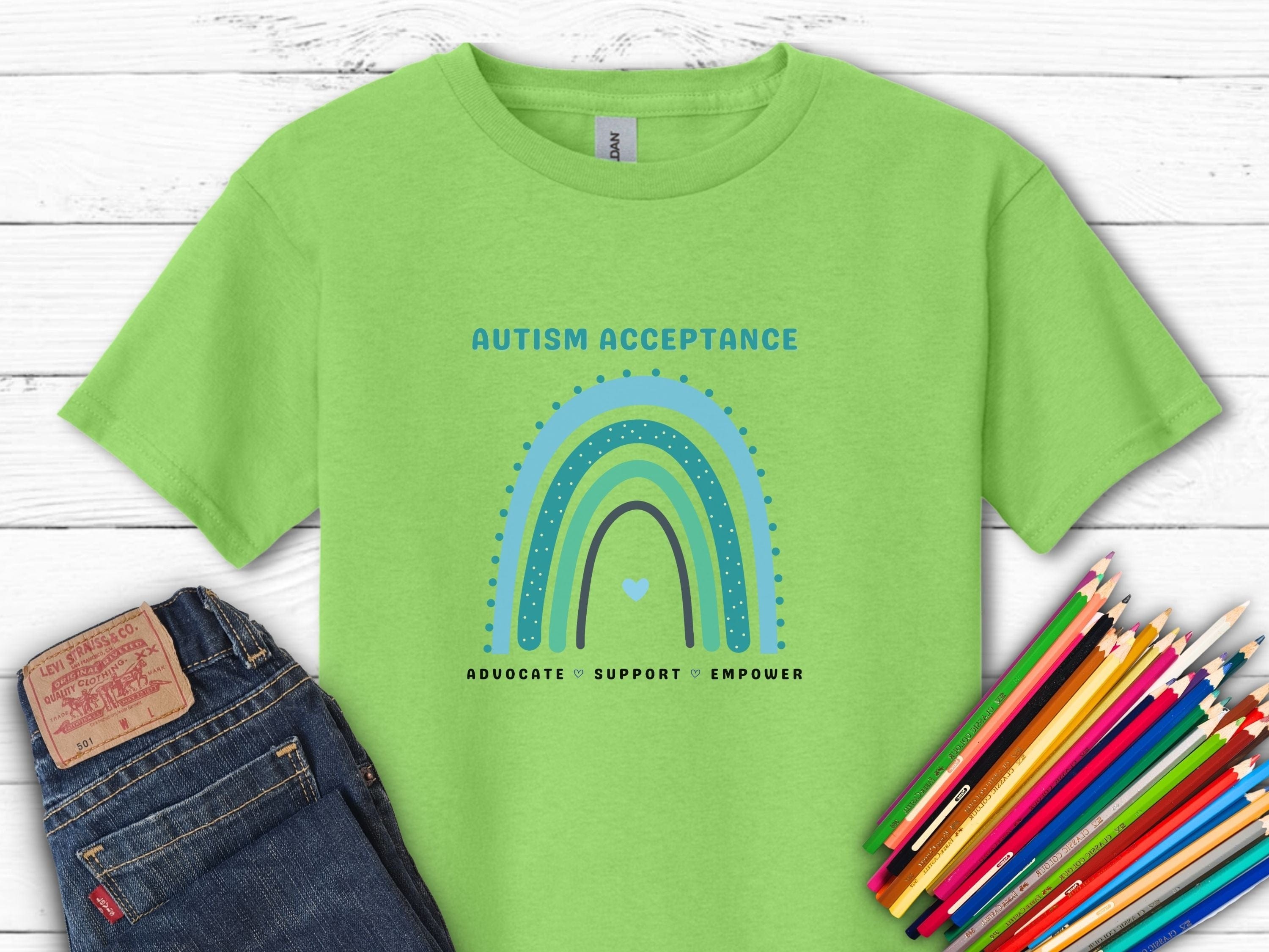 Advocate Support Empower Autism Acceptance Rainbow Kids T-Shirt-Lime-Neurodiversity, ADHD & Autism Awareness & Acceptance Kids clothes by Daily Bloom