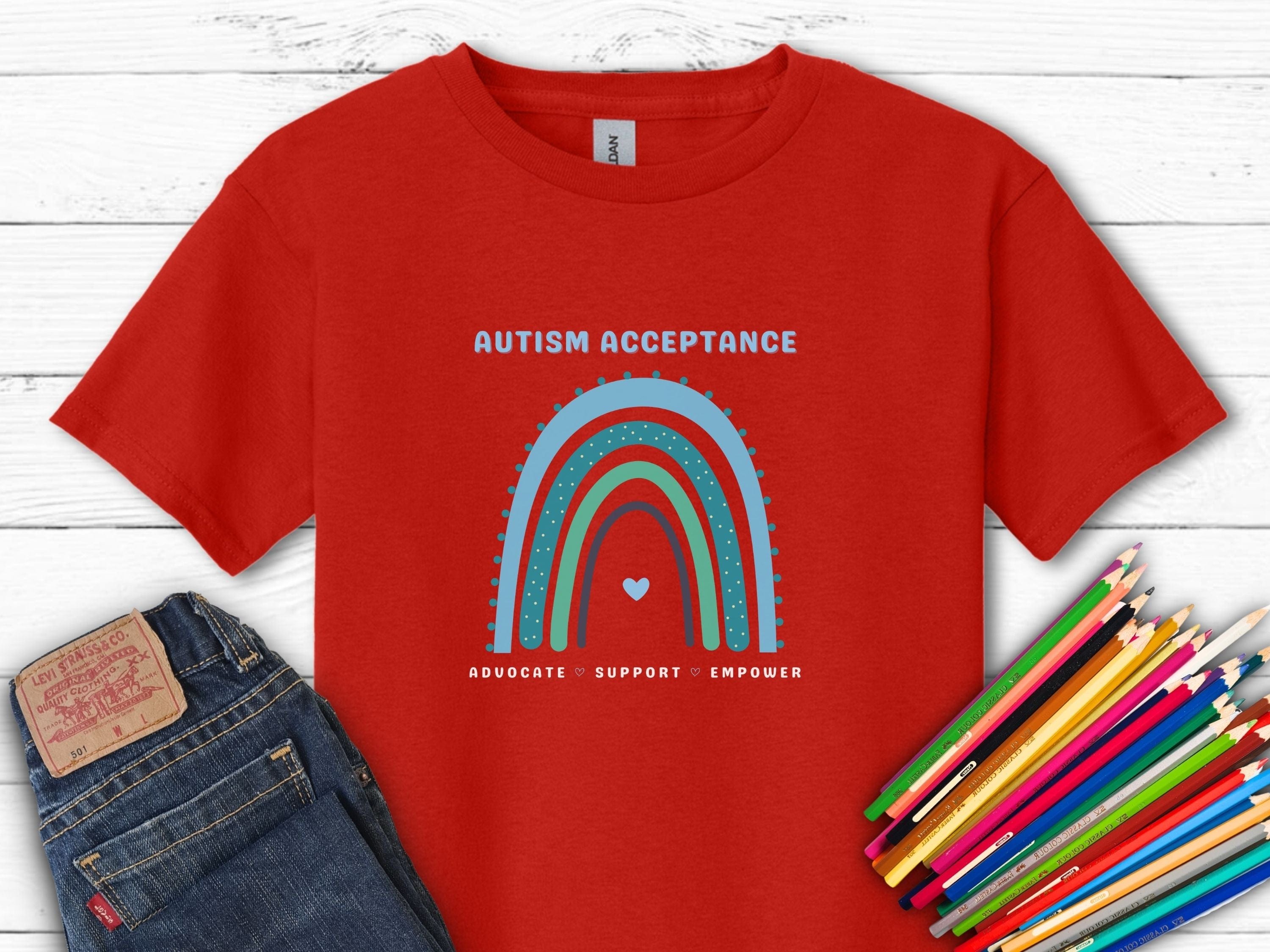 Advocate Support Empower Autism Acceptance Rainbow Kids T-Shirt-Red-Neurodiversity, ADHD & Autism Awareness & Acceptance Kids clothes by Daily Bloom
