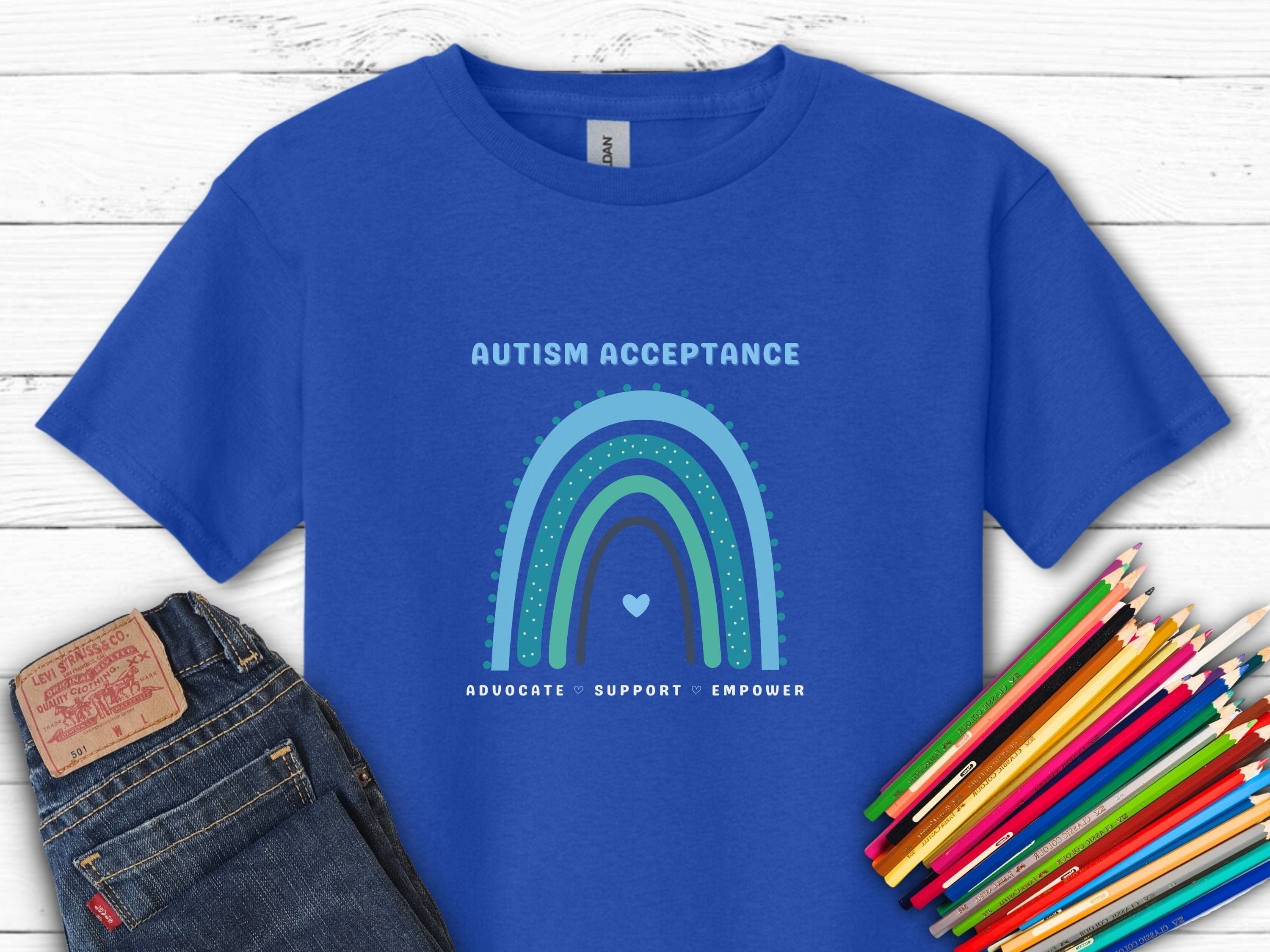 Advocate Support Empower Autism Acceptance Rainbow Kids T-Shirt-Royal-Neurodiversity, ADHD & Autism Awareness & Acceptance Kids clothes by Daily Bloom