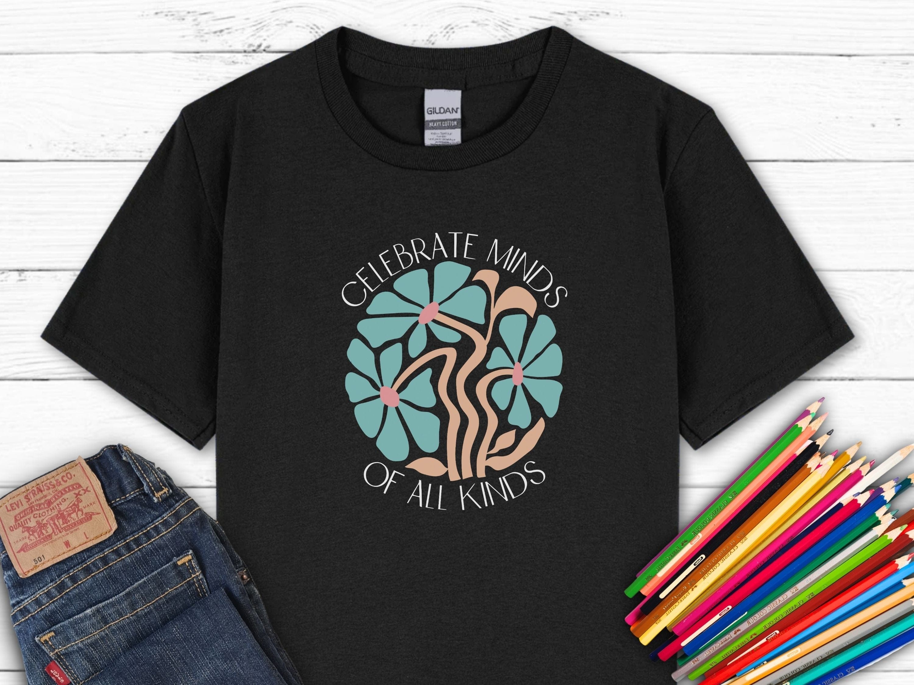 Celebrate Minds of All Kinds Kids T-Shirt-Black-Neurodiversity, ADHD & Autism Awareness & Acceptance Kids clothes by Daily Bloom