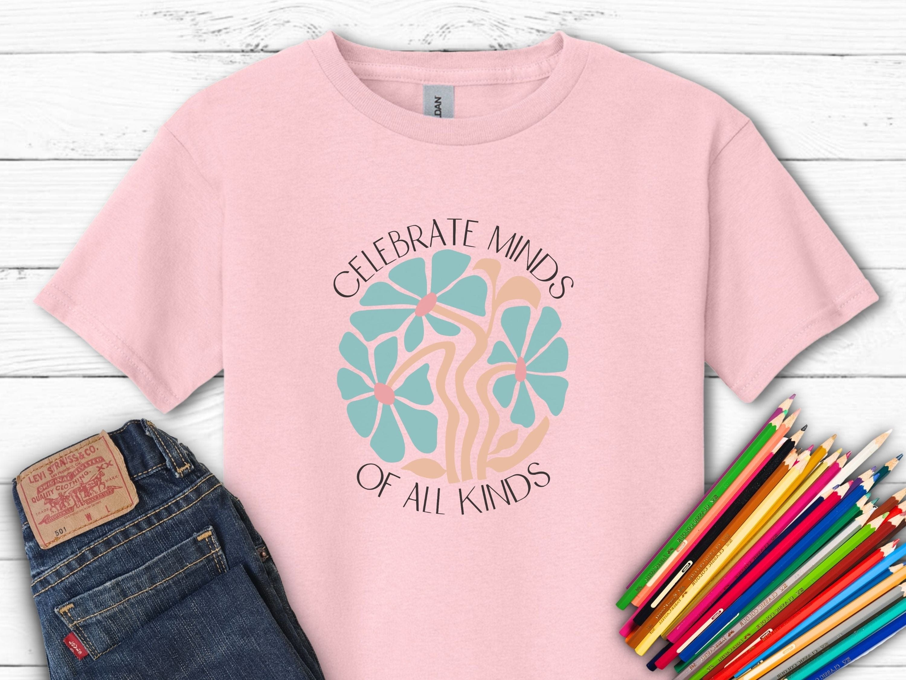 Celebrate Minds of All Kinds Kids T-Shirt-Light Pink-Neurodiversity, ADHD & Autism Awareness & Acceptance Kids clothes by Daily Bloom