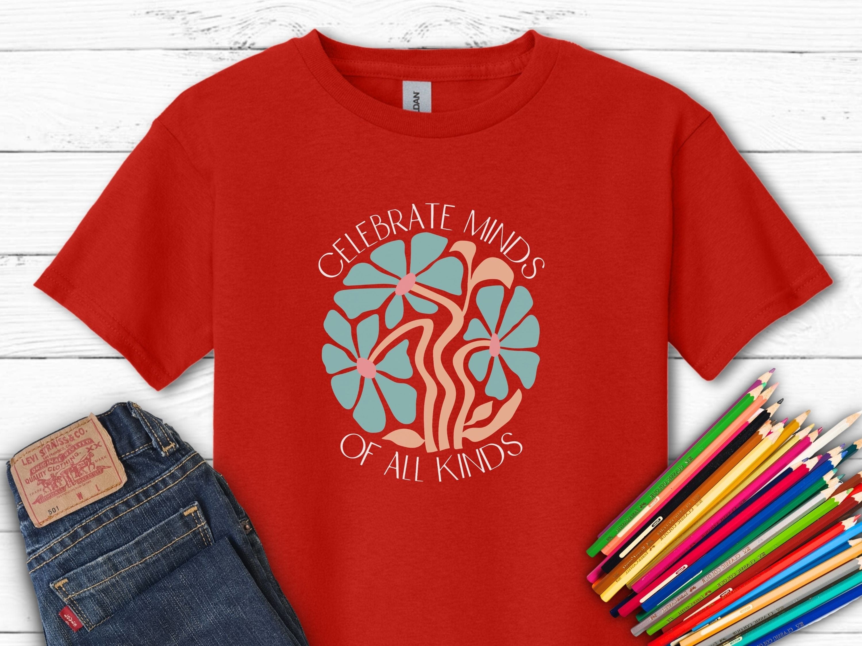 Celebrate Minds of All Kinds Kids T-Shirt-Red-Neurodiversity, ADHD & Autism Awareness & Acceptance Kids clothes by Daily Bloom