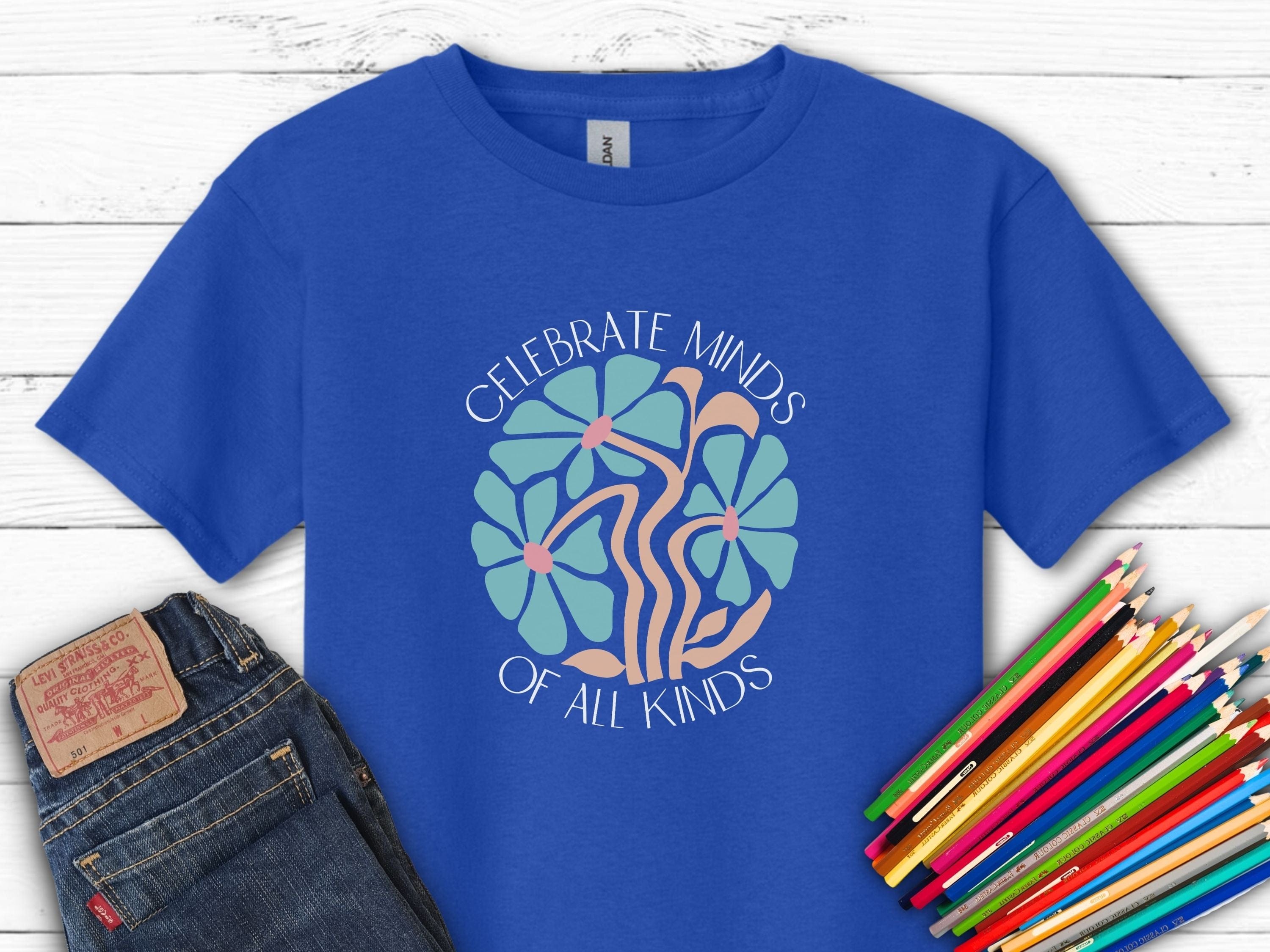 Celebrate Minds of All Kinds Kids T-Shirt-Royal-Neurodiversity, ADHD & Autism Awareness & Acceptance Kids clothes by Daily Bloom