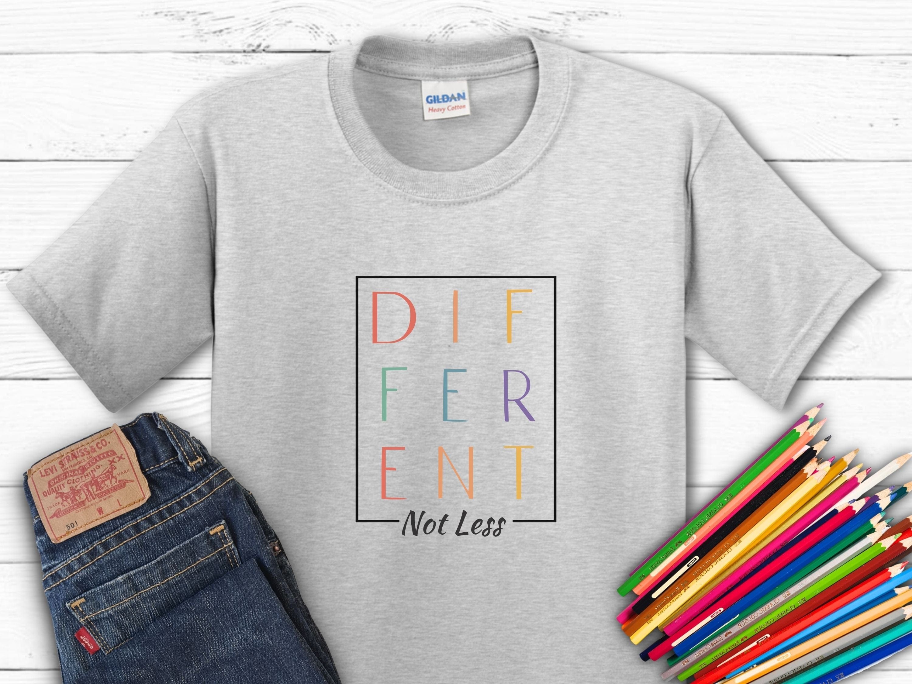 Different Not Less Stacked Letters Kids T-Shirt-Ash-Neurodiversity, ADHD & Autism Awareness & Acceptance Kids clothes by Daily Bloom