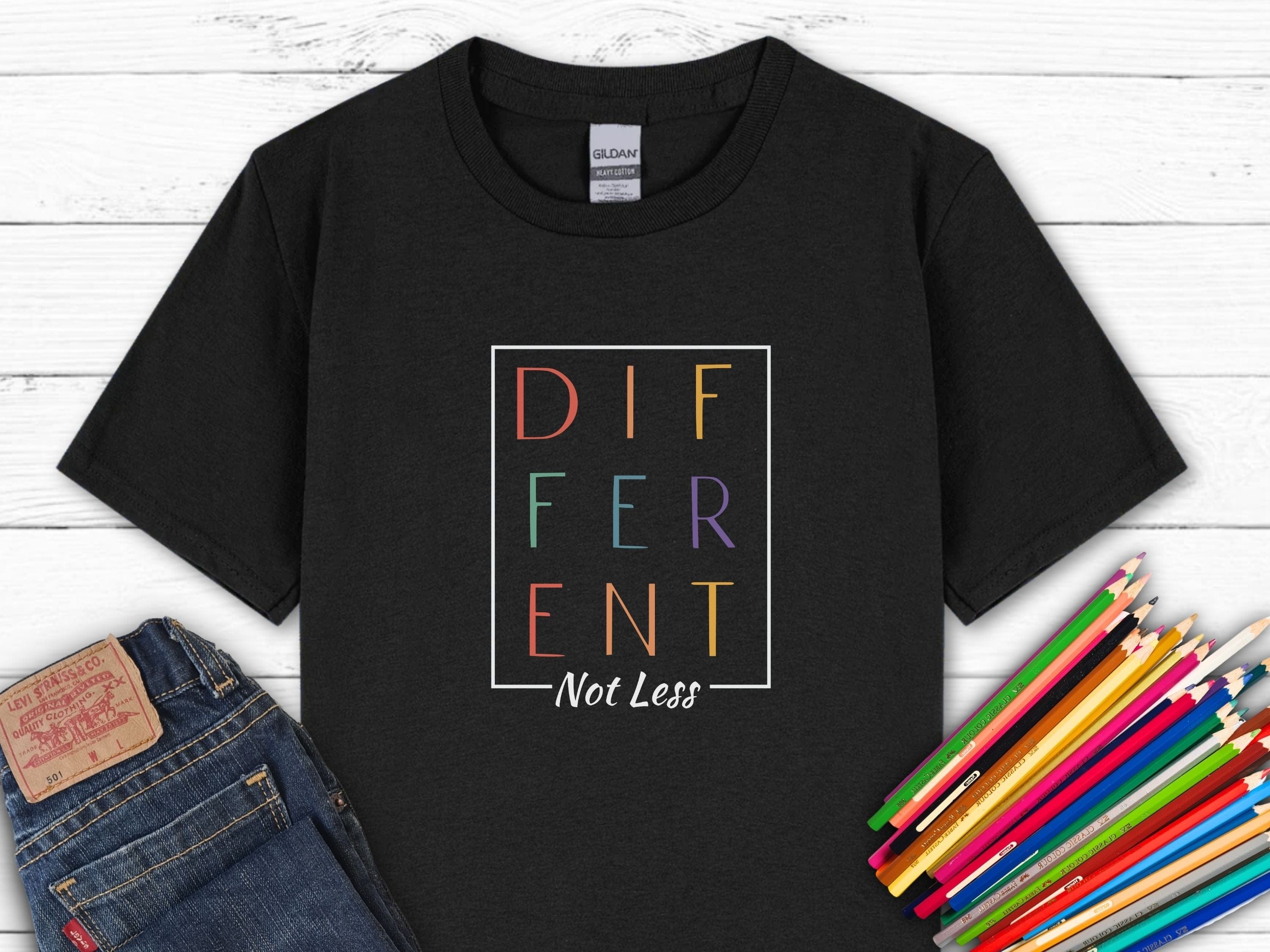 Different Not Less Stacked Letters Kids T-Shirt-Black-Neurodiversity, ADHD & Autism Awareness & Acceptance Kids clothes by Daily Bloom