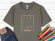 Different Not Less Stacked Letters Kids T-Shirt-Charcoal-Neurodiversity, ADHD & Autism Awareness & Acceptance Kids clothes by Daily Bloom
