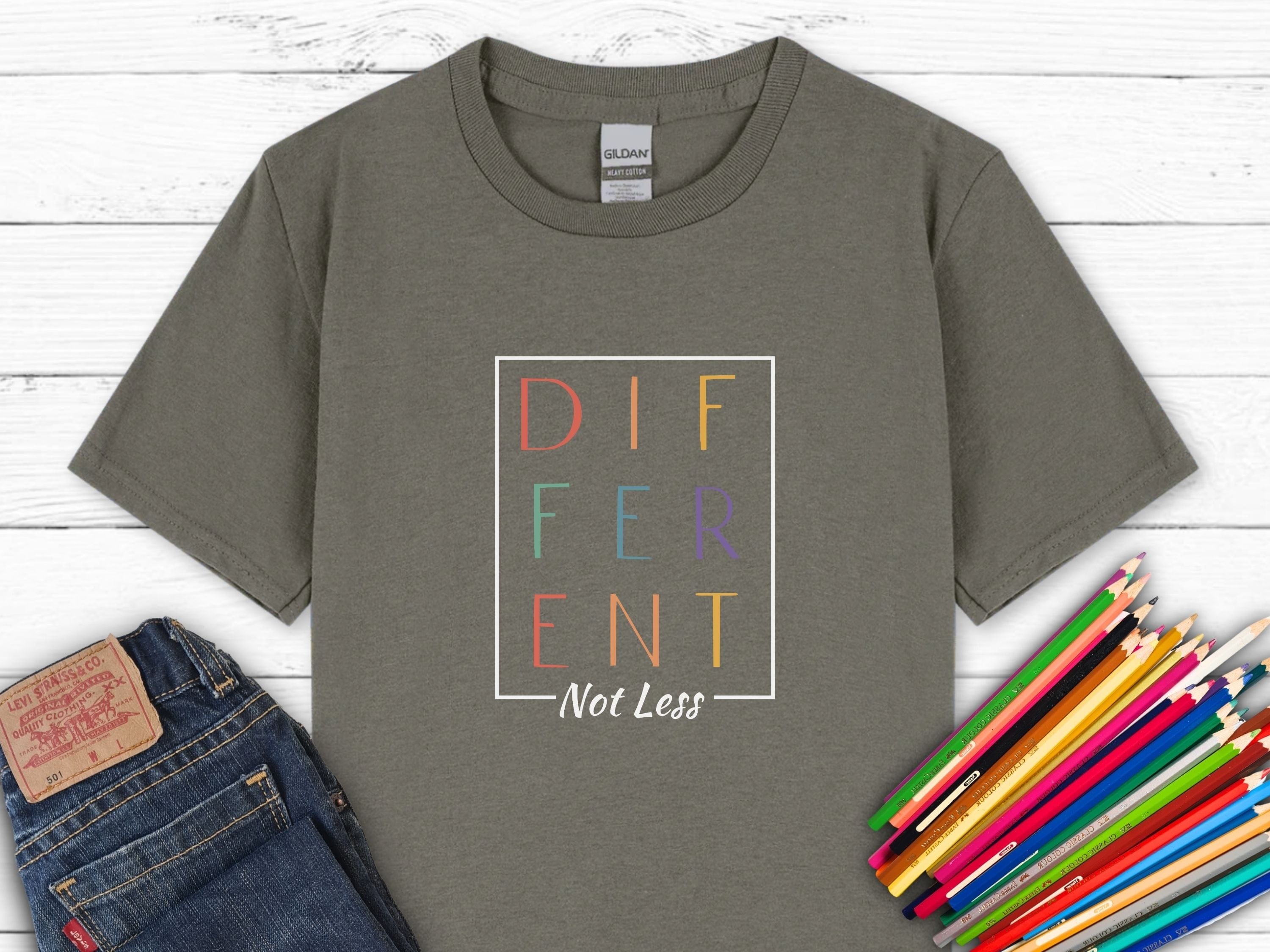 Different Not Less Stacked Letters Kids T-Shirt-Charcoal-Neurodiversity, ADHD & Autism Awareness & Acceptance Kids clothes by Daily Bloom