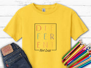 Different Not Less Stacked Letters Kids T-Shirt-Daisy-Neurodiversity, ADHD & Autism Awareness & Acceptance Kids clothes by Daily Bloom