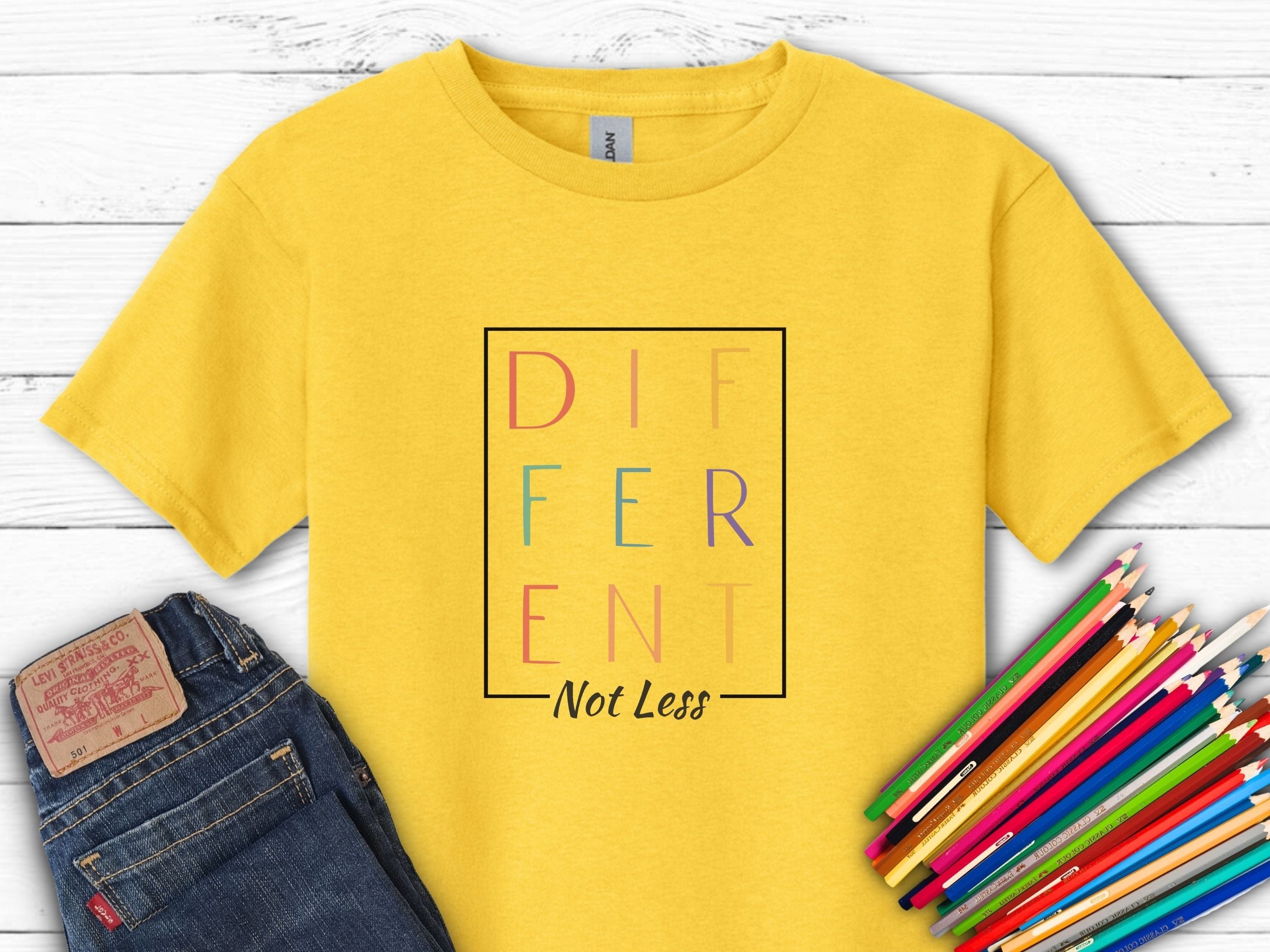 Different Not Less Stacked Letters Kids T-Shirt-Daisy-Neurodiversity, ADHD & Autism Awareness & Acceptance Kids clothes by Daily Bloom