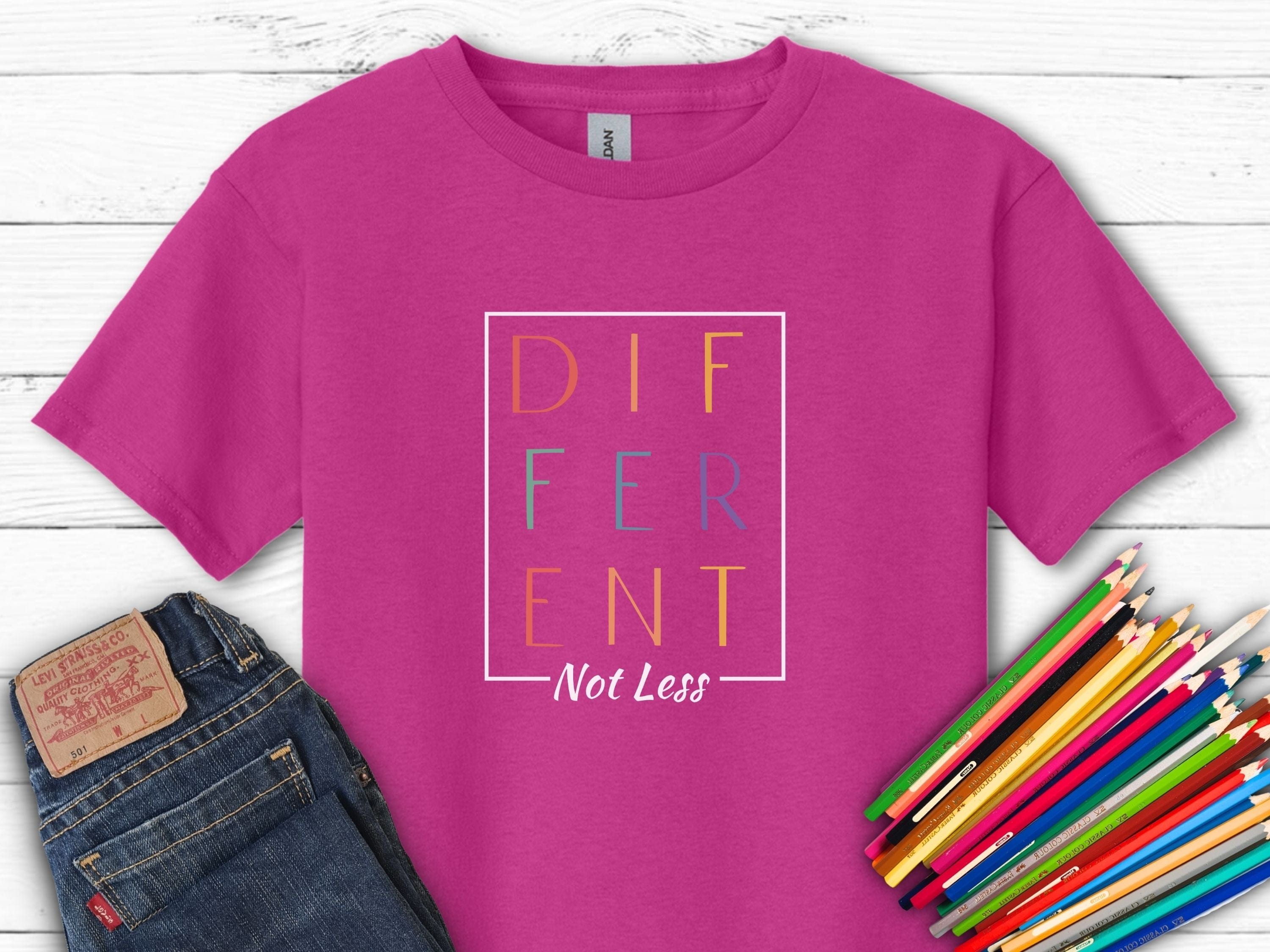 Different Not Less Stacked Letters Kids T-Shirt-Heliconia-Neurodiversity, ADHD & Autism Awareness & Acceptance Kids clothes by Daily Bloom