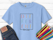 Different Not Less Stacked Letters Kids T-Shirt-Light Blue-Neurodiversity, ADHD & Autism Awareness & Acceptance Kids clothes by Daily Bloom