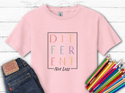 Different Not Less Stacked Letters Kids T-Shirt-Light Pink-Neurodiversity, ADHD & Autism Awareness & Acceptance Kids clothes by Daily Bloom