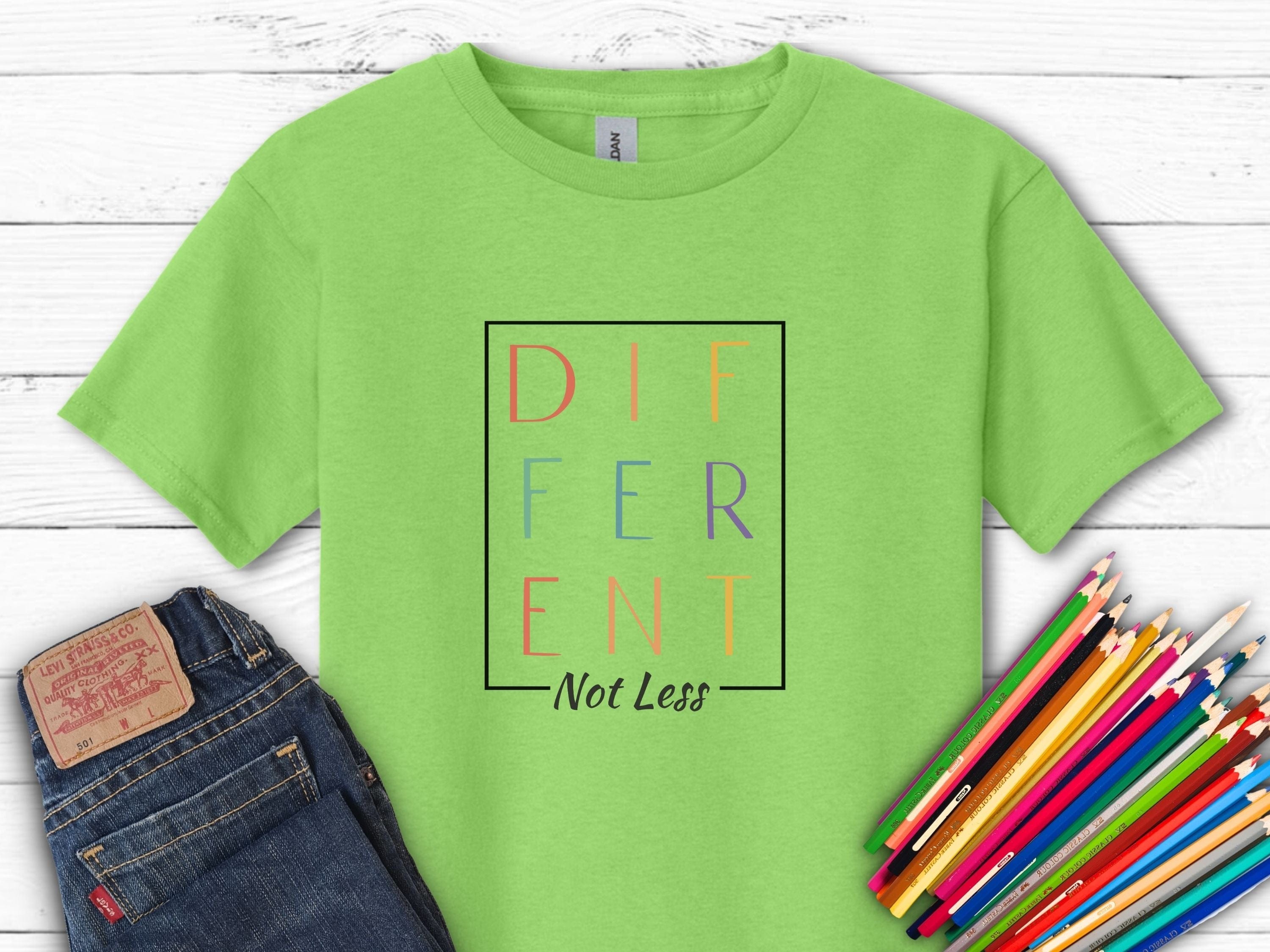Different Not Less Stacked Letters Kids T-Shirt-Lime-Neurodiversity, ADHD & Autism Awareness & Acceptance Kids clothes by Daily Bloom