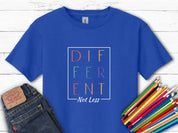 Different Not Less Stacked Letters Kids T-Shirt-Royal-Neurodiversity, ADHD & Autism Awareness & Acceptance Kids clothes by Daily Bloom