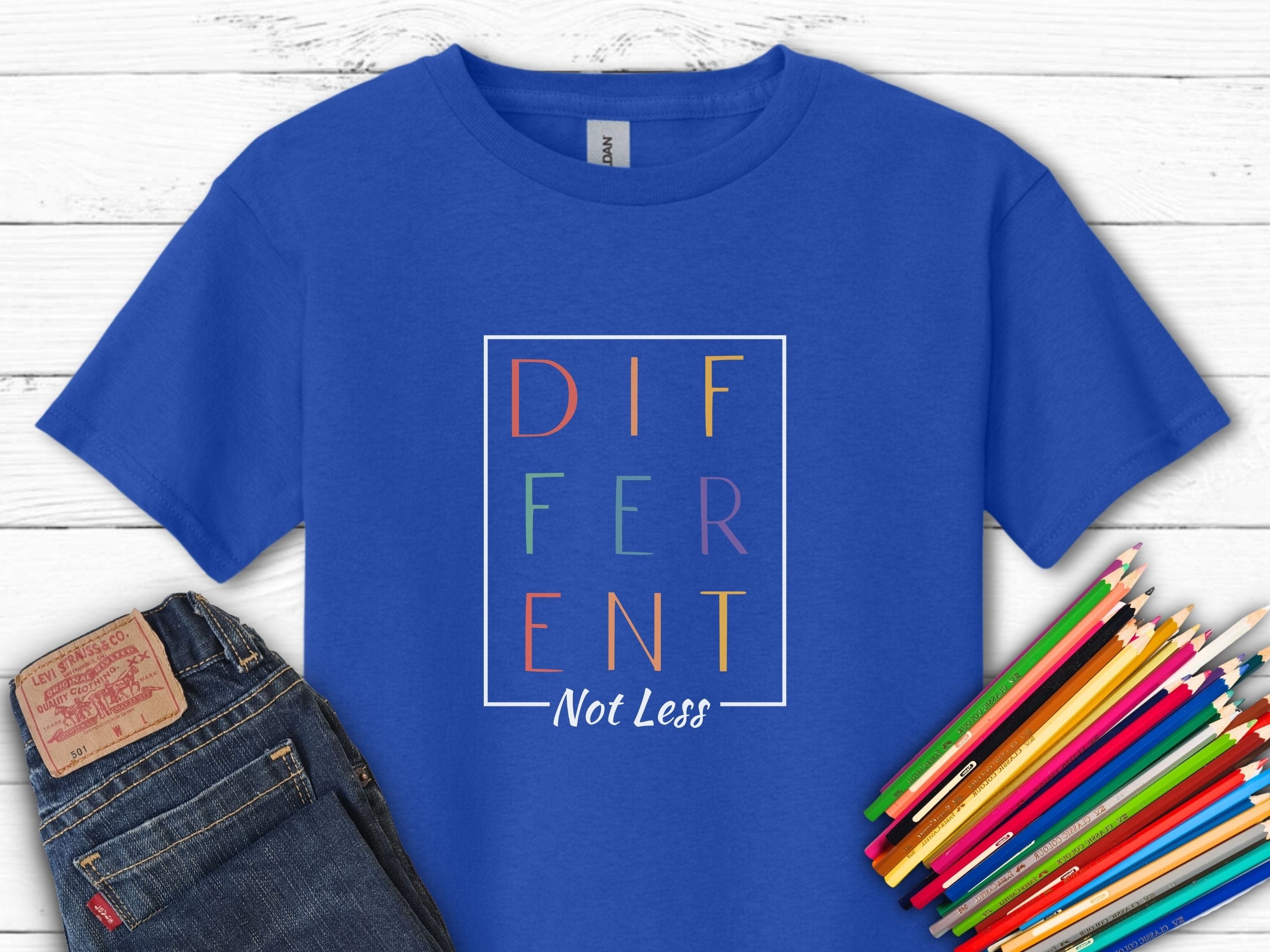 Different Not Less Stacked Letters Kids T-Shirt-Royal-Neurodiversity, ADHD & Autism Awareness & Acceptance Kids clothes by Daily Bloom