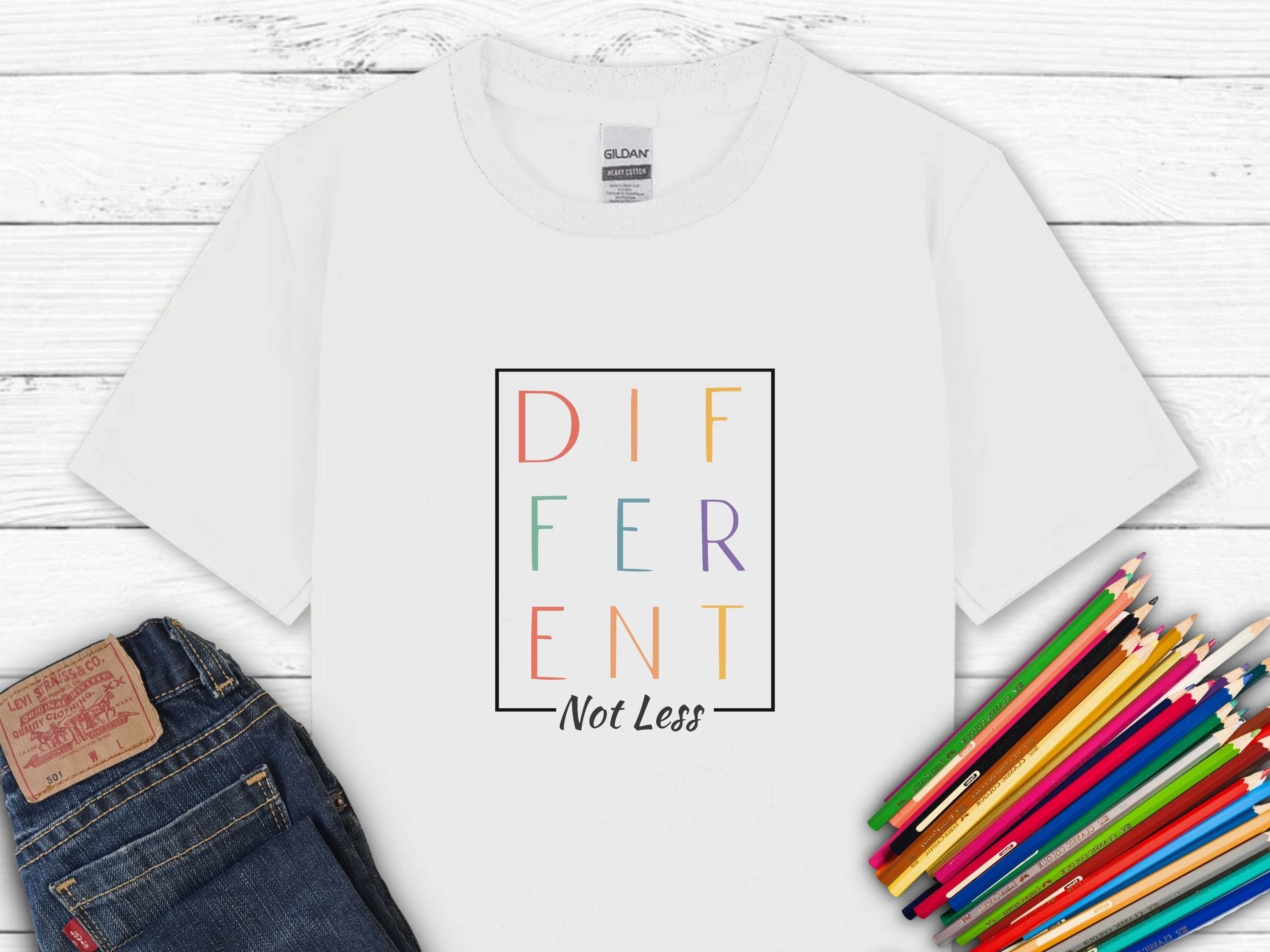 Different Not Less Stacked Letters Kids T-Shirt-White-Neurodiversity, ADHD & Autism Awareness & Acceptance Kids clothes by Daily Bloom