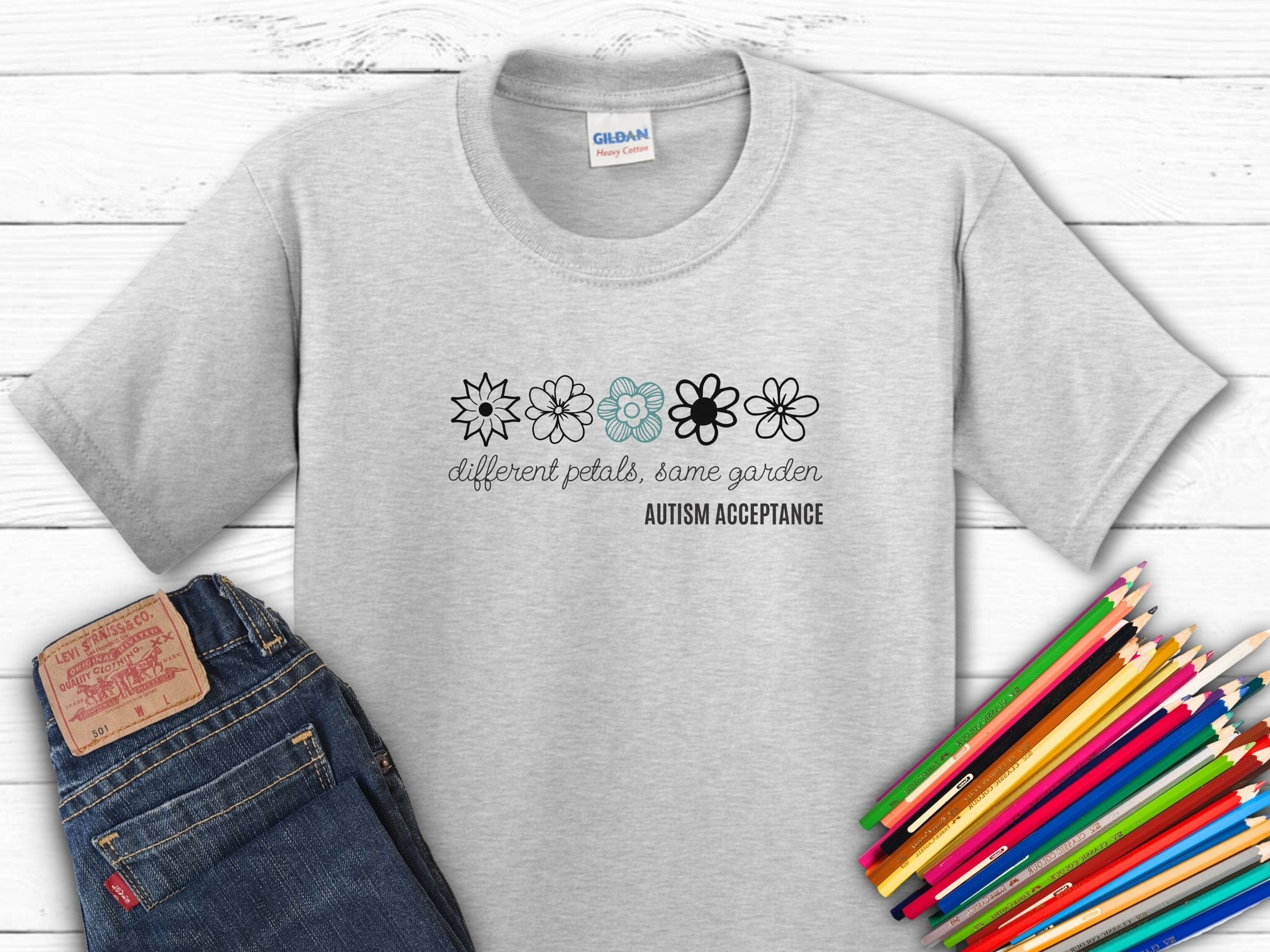 Different Petals Same Garden Flower Sketches Kids T-Shirt-Ash-Neurodiversity, ADHD & Autism Awareness & Acceptance Kids clothes by Daily Bloom