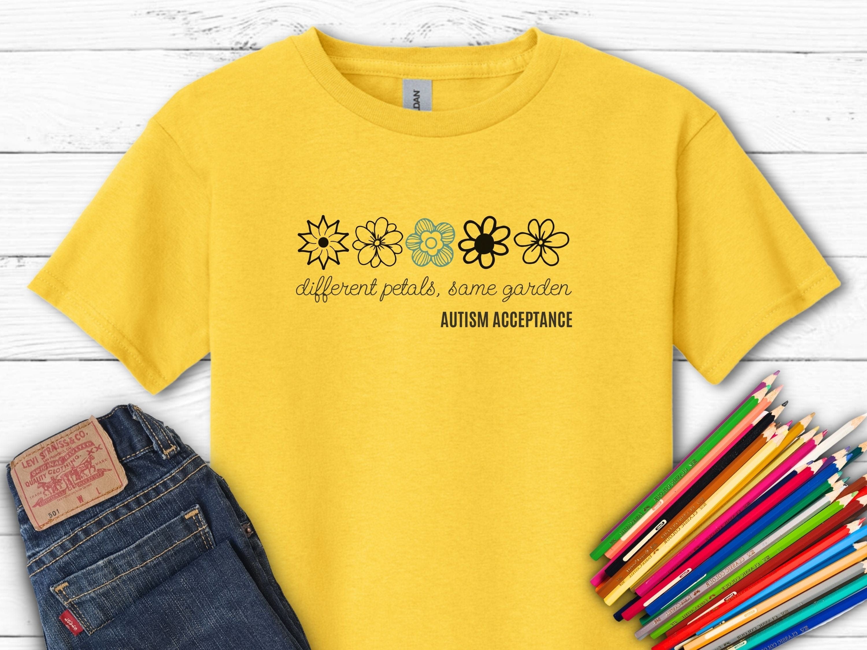 Different Petals Same Garden Flower Sketches Kids T-Shirt-Daisy-Neurodiversity, ADHD & Autism Awareness & Acceptance Kids clothes by Daily Bloom