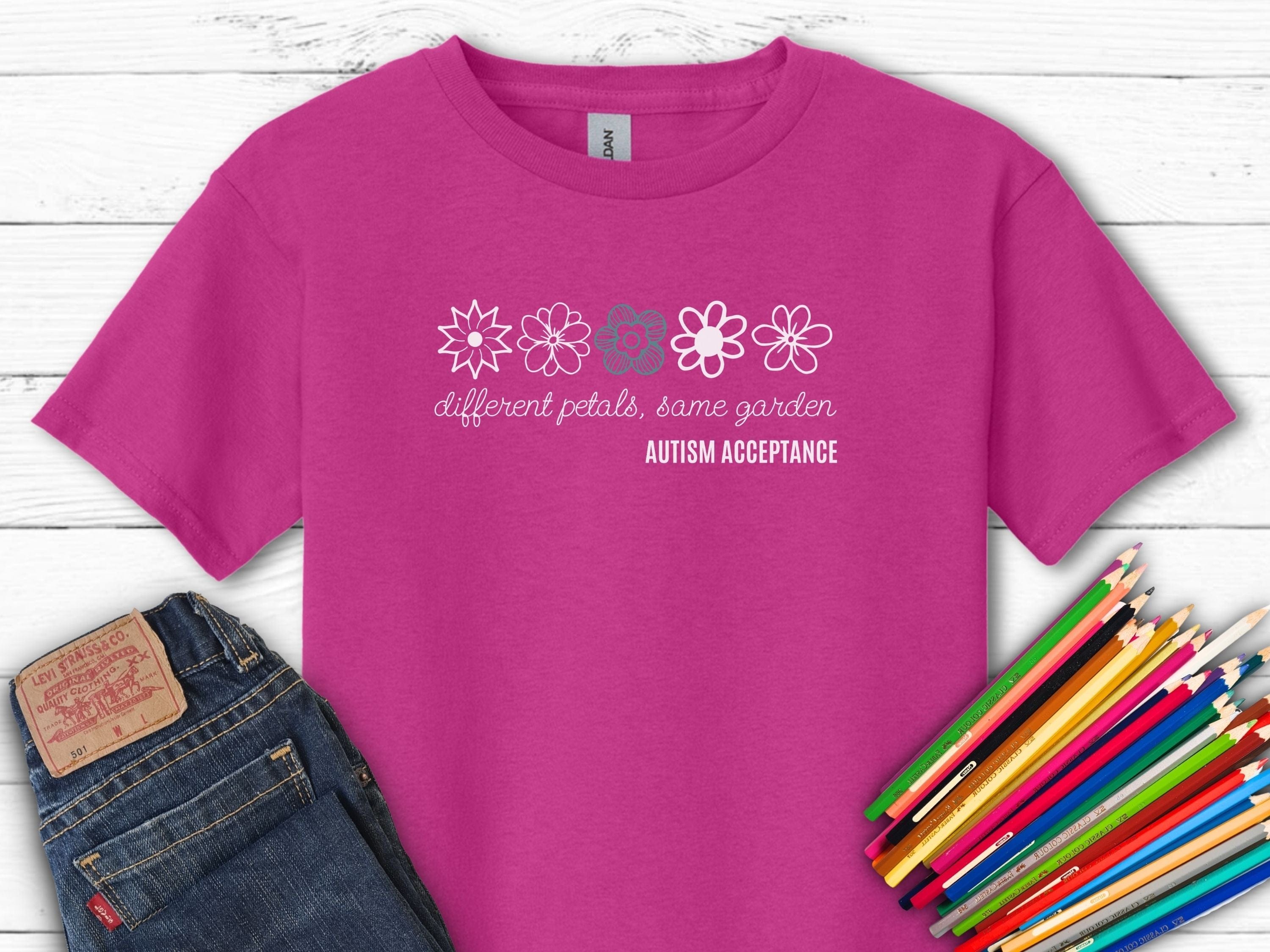 Different Petals Same Garden Flower Sketches Kids T-Shirt-Heliconia-Neurodiversity, ADHD & Autism Awareness & Acceptance Kids clothes by Daily Bloom