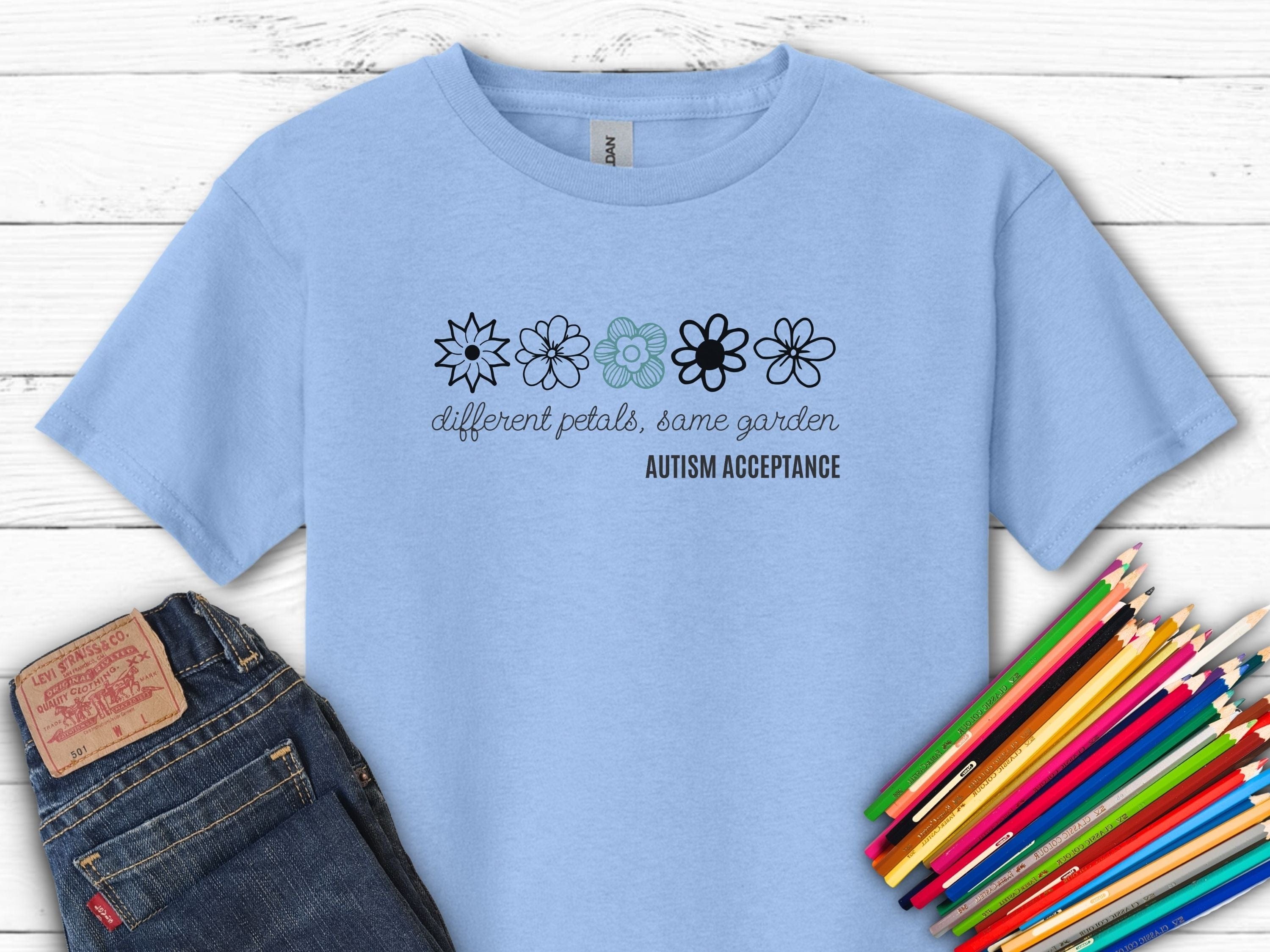 Different Petals Same Garden Flower Sketches Kids T-Shirt-Light Blue-Neurodiversity, ADHD & Autism Awareness & Acceptance Kids clothes by Daily Bloom