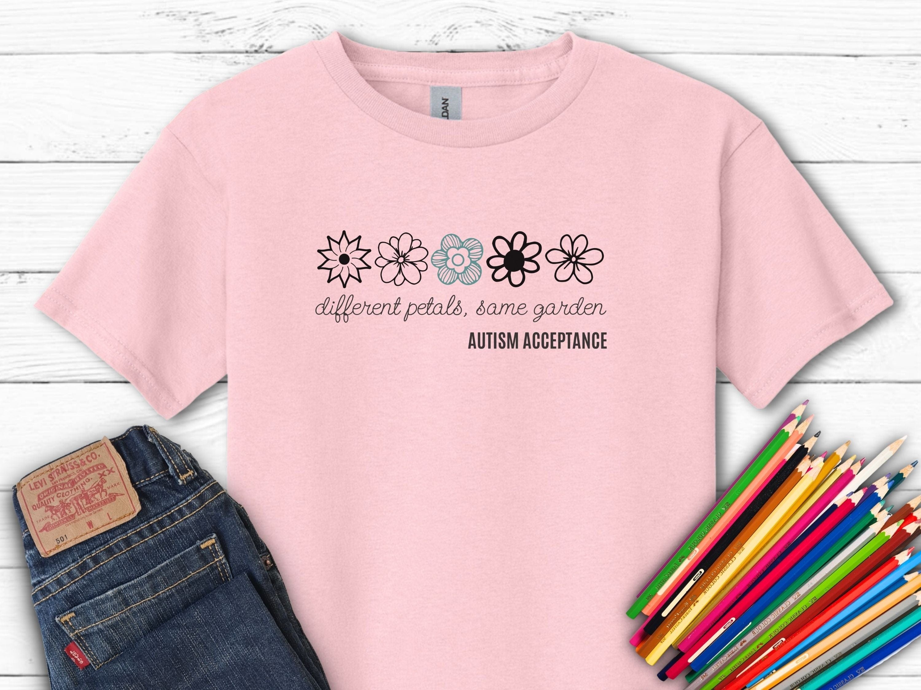 Different Petals Same Garden Flower Sketches Kids T-Shirt-Light Pink-Neurodiversity, ADHD & Autism Awareness & Acceptance Kids clothes by Daily Bloom