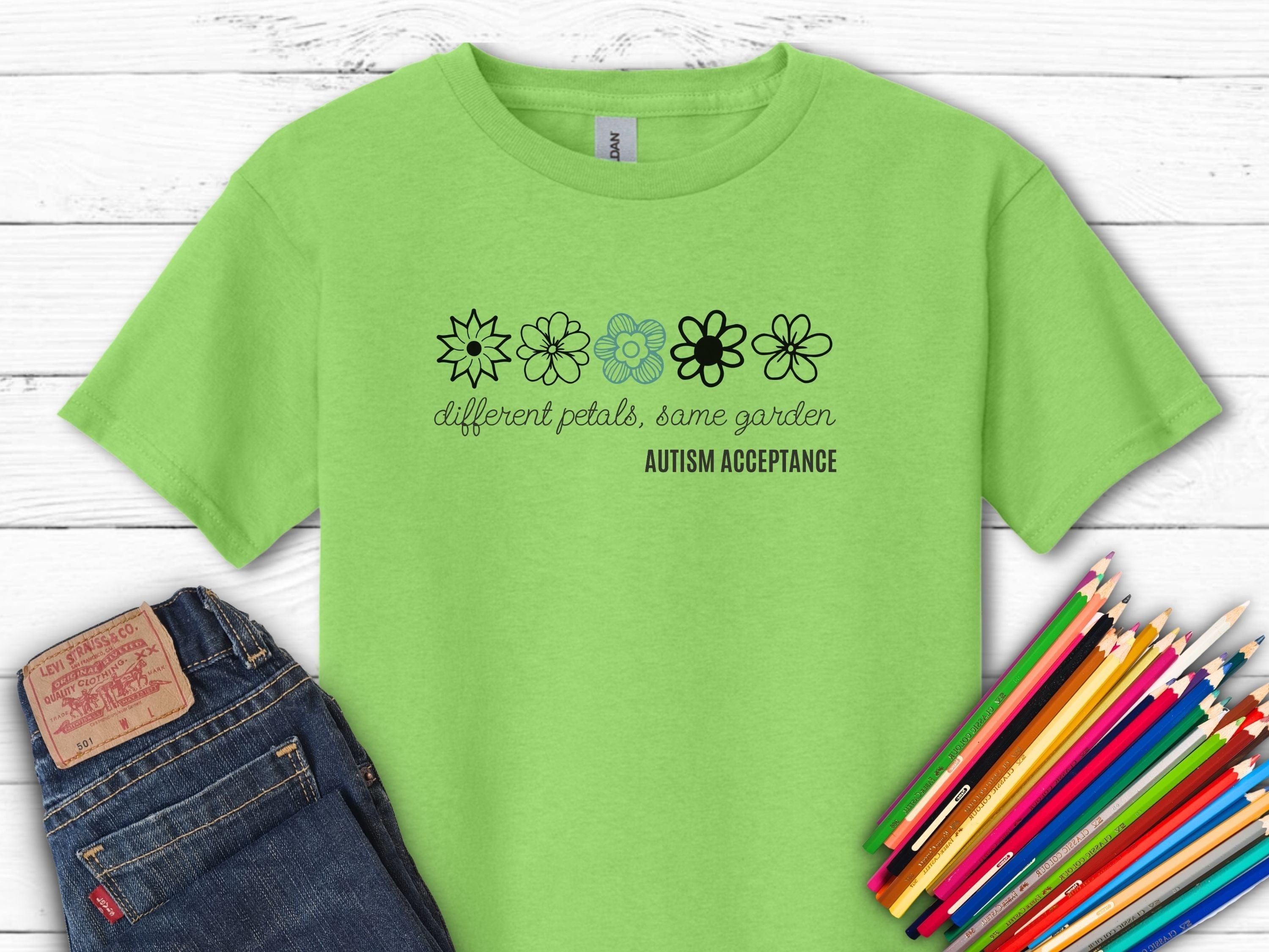Different Petals Same Garden Flower Sketches Kids T-Shirt-Lime-Neurodiversity, ADHD & Autism Awareness & Acceptance Kids clothes by Daily Bloom