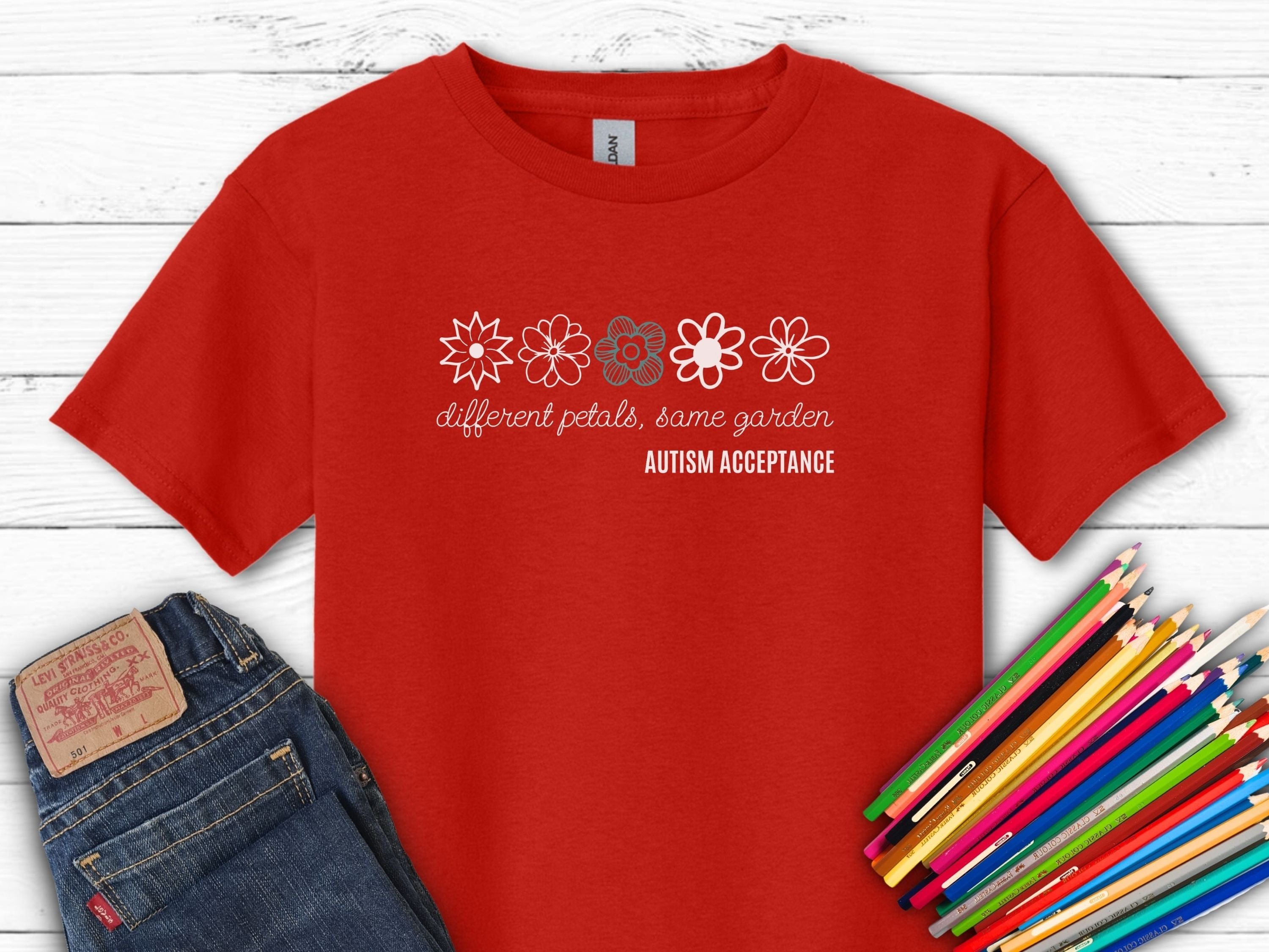 Different Petals Same Garden Flower Sketches Kids T-Shirt-Red-Neurodiversity, ADHD & Autism Awareness & Acceptance Kids clothes by Daily Bloom