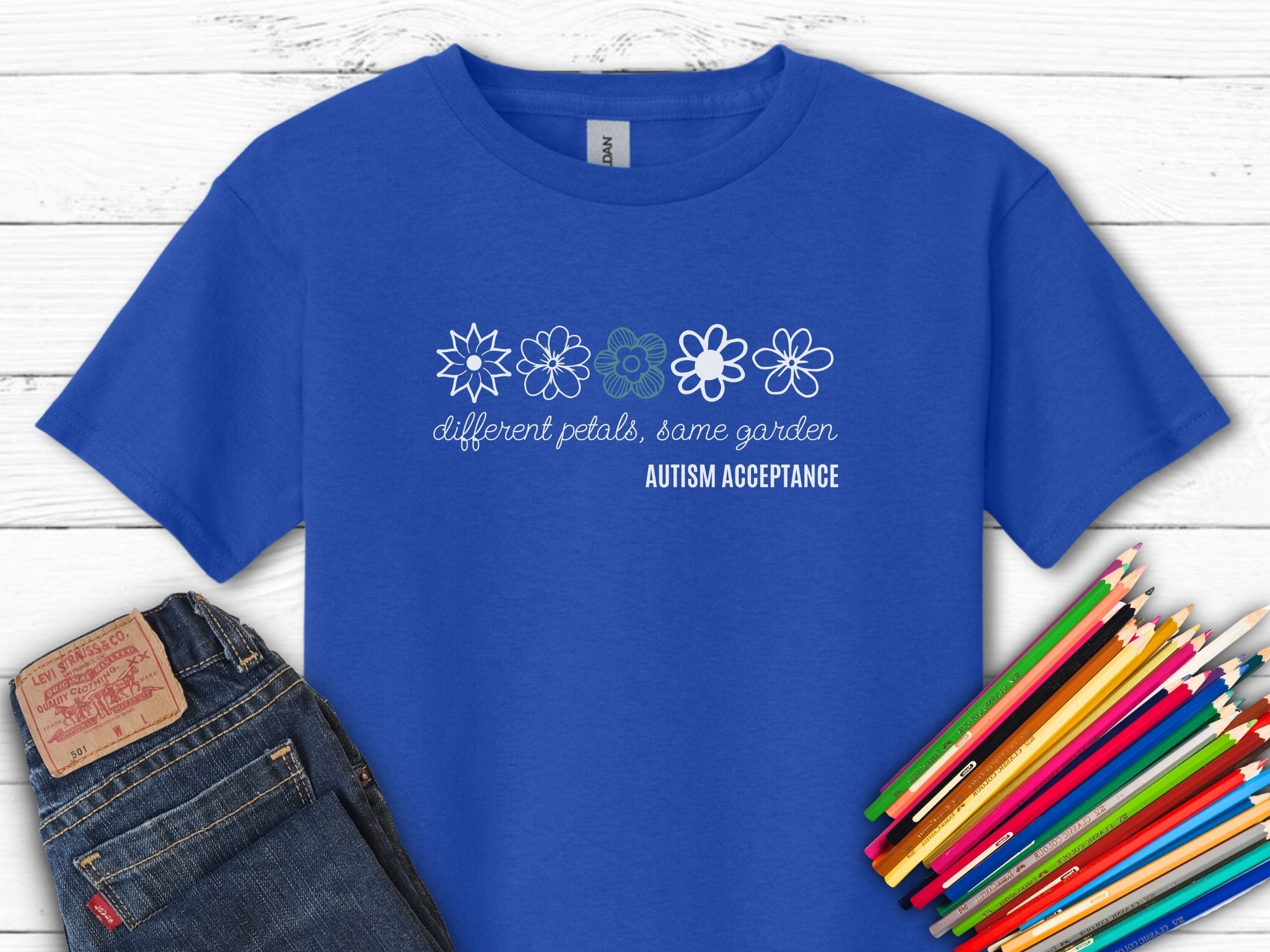 Different Petals Same Garden Flower Sketches Kids T-Shirt-Royal-Neurodiversity, ADHD & Autism Awareness & Acceptance Kids clothes by Daily Bloom