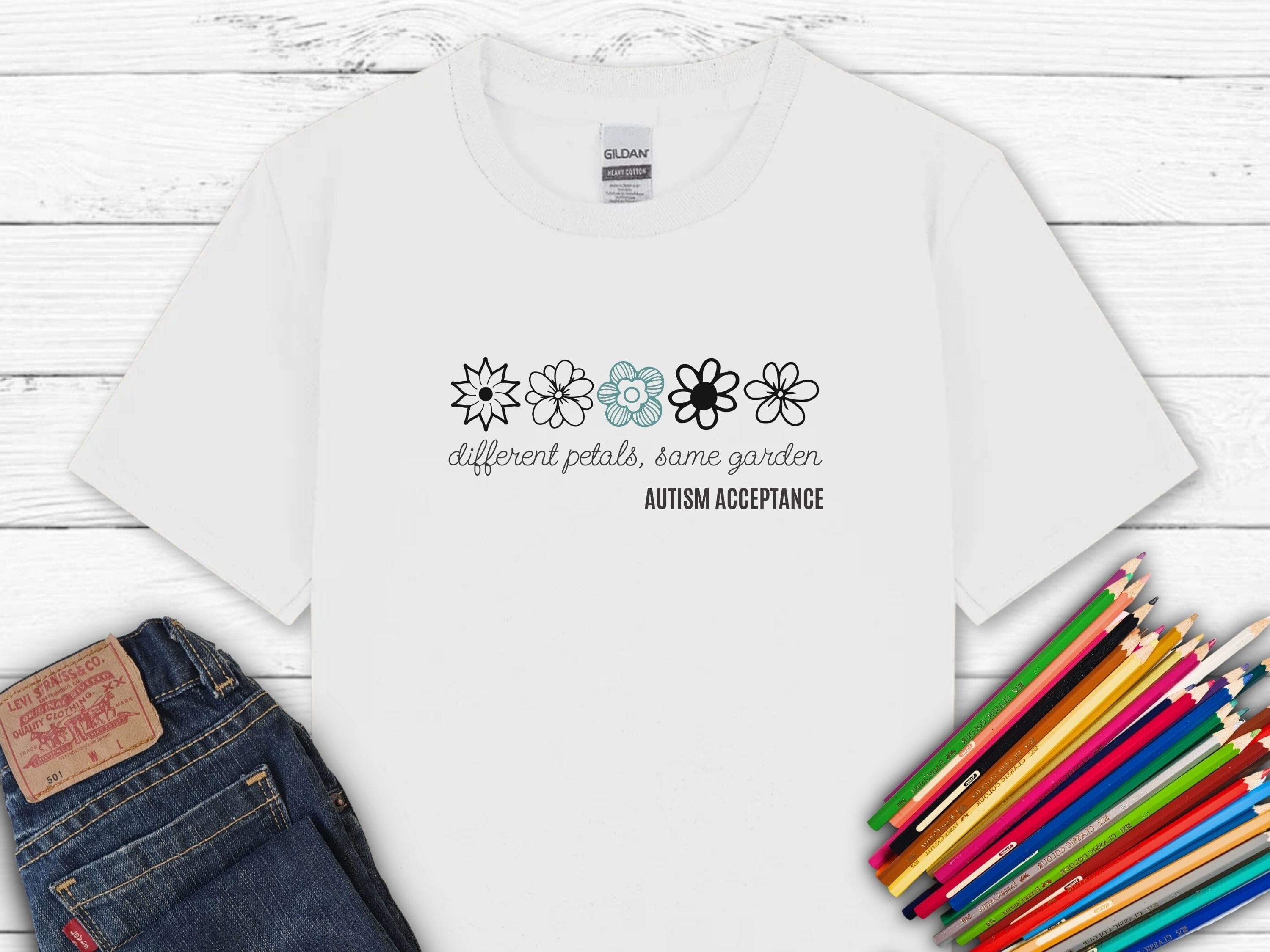 Different Petals Same Garden Flower Sketches Kids T-Shirt-White-Neurodiversity, ADHD & Autism Awareness & Acceptance Kids clothes by Daily Bloom