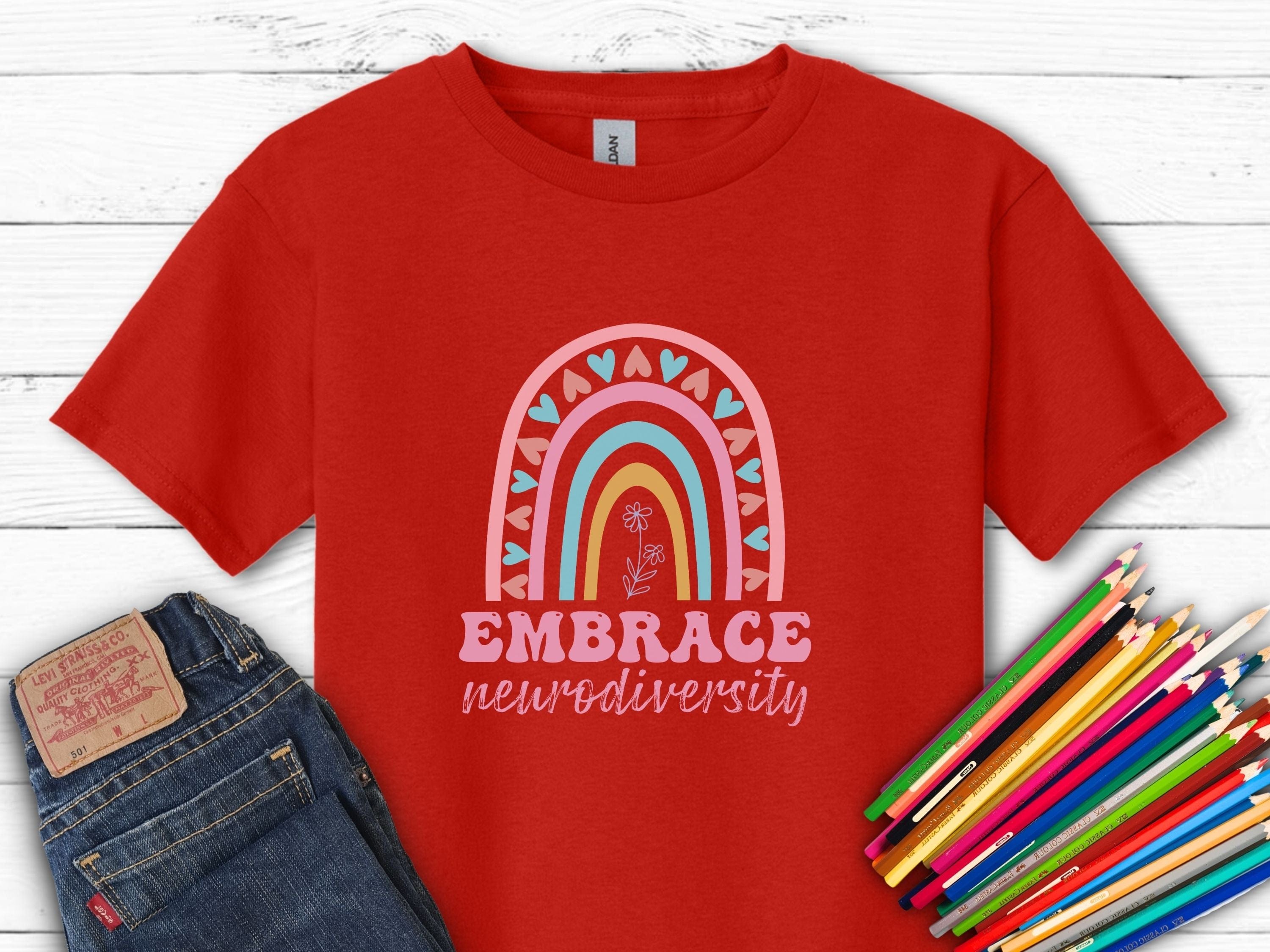 Embrace Neurodiversity Kids T-Shirt-Red-Neurodiversity, ADHD & Autism Awareness & Acceptance Kids clothes by Daily Bloom