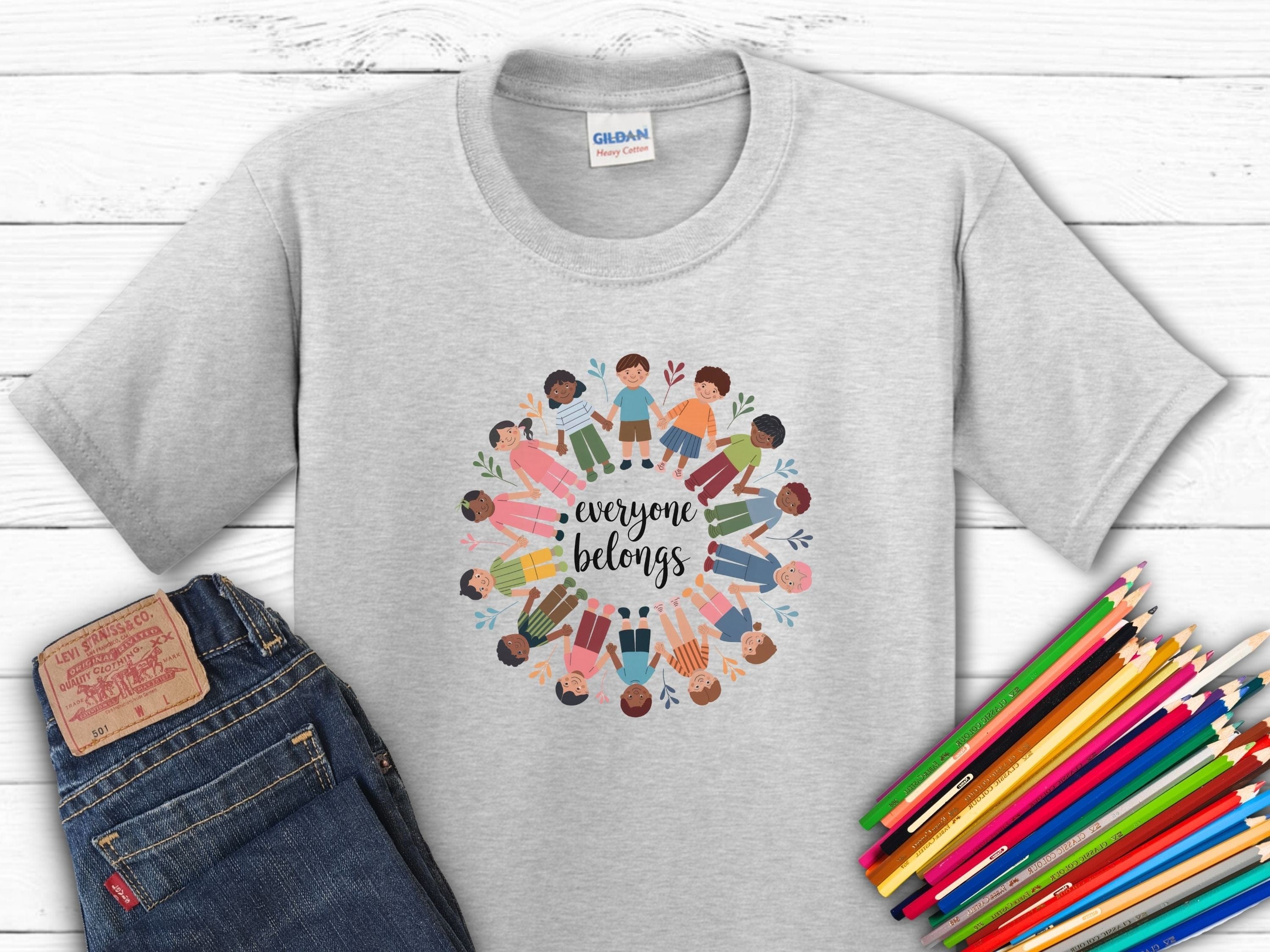 Everyone Belongs Kids Holding Hands Kids T-Shirt-Ash-Neurodiversity, ADHD & Autism Awareness & Acceptance Kids clothes by Daily Bloom