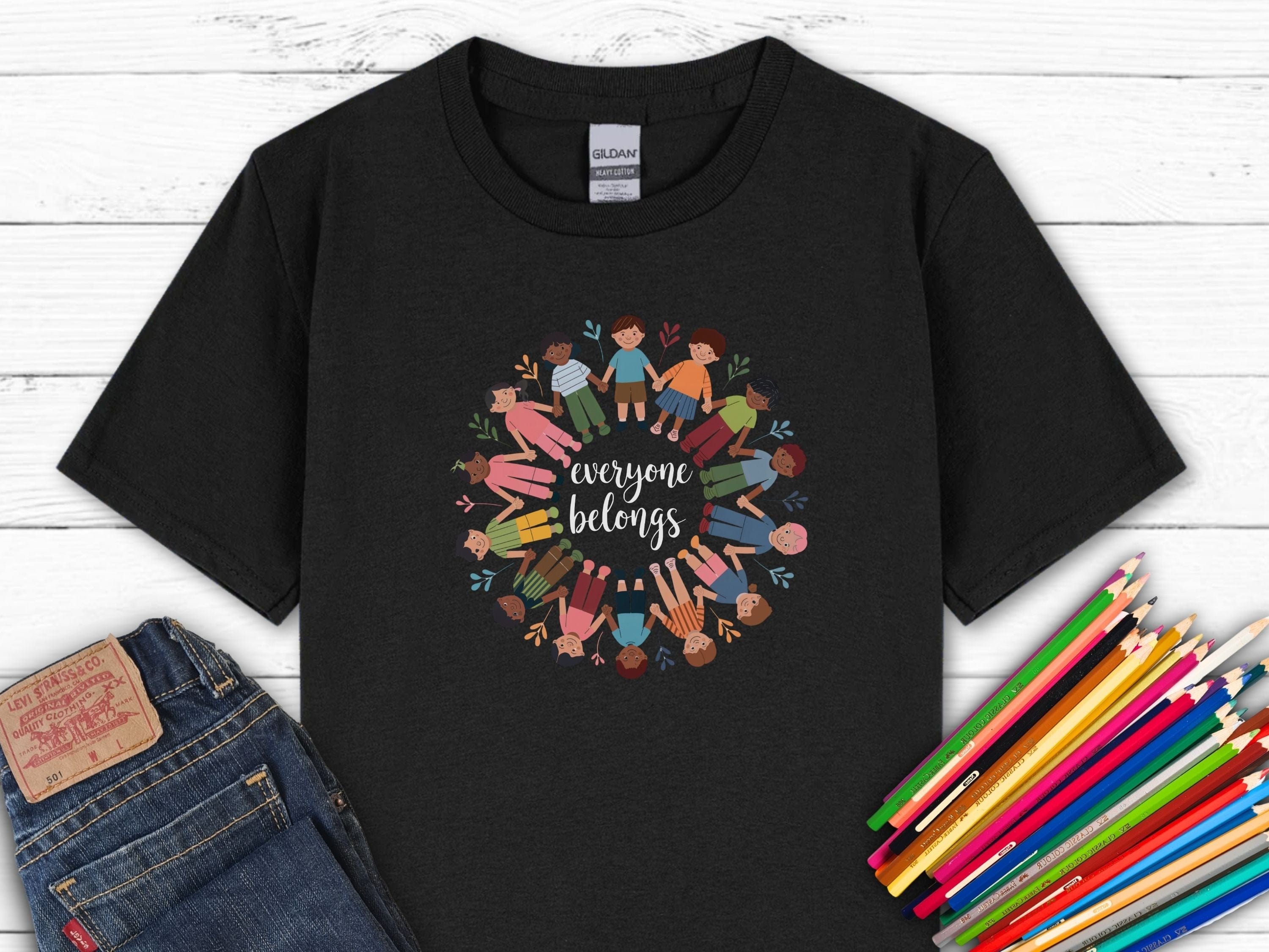Everyone Belongs Kids Holding Hands Kids T-Shirt-Black-Neurodiversity, ADHD & Autism Awareness & Acceptance Kids clothes by Daily Bloom