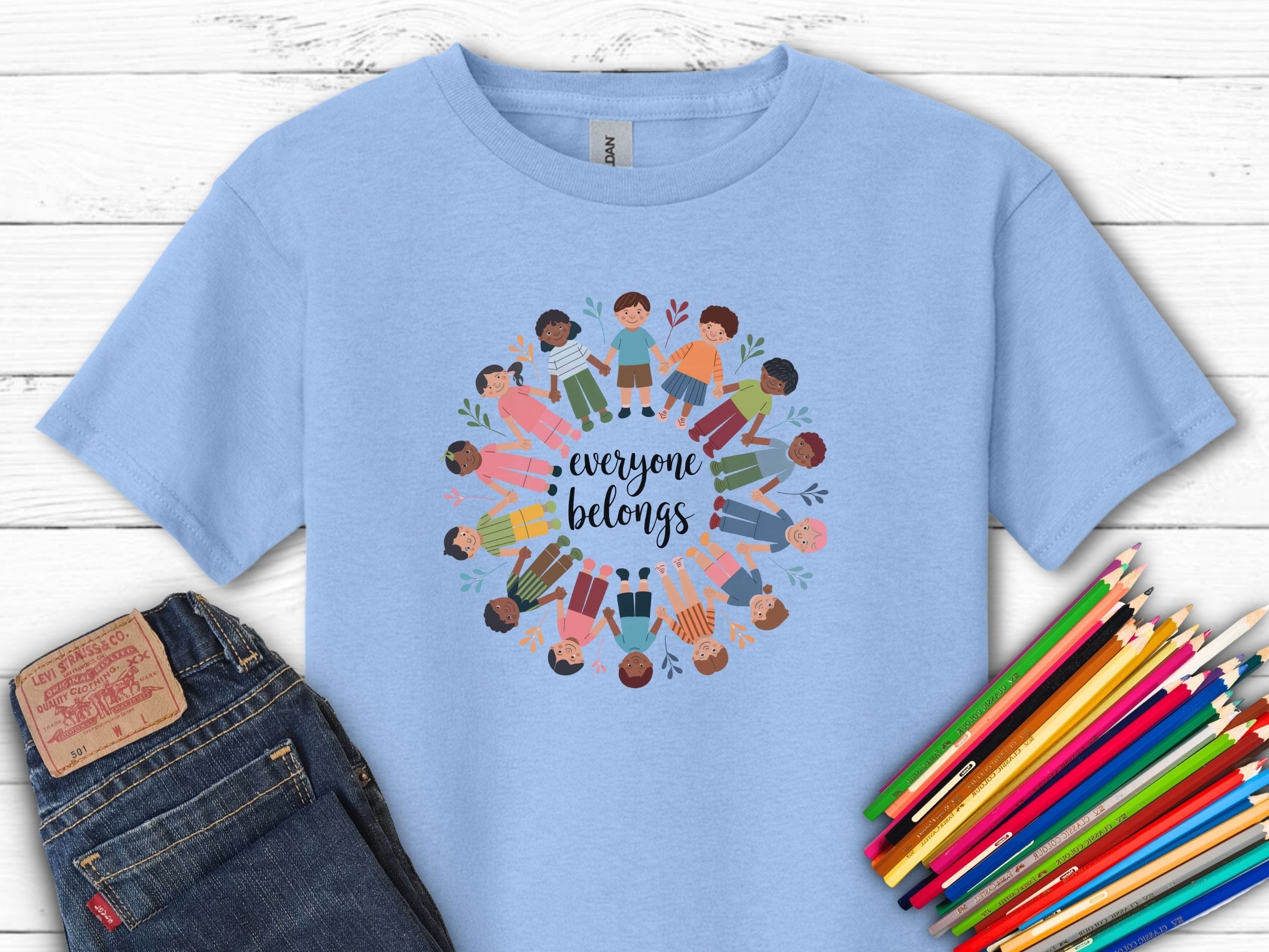 Everyone Belongs Kids Holding Hands Kids T-Shirt-Light Blue-Neurodiversity, ADHD & Autism Awareness & Acceptance Kids clothes by Daily Bloom