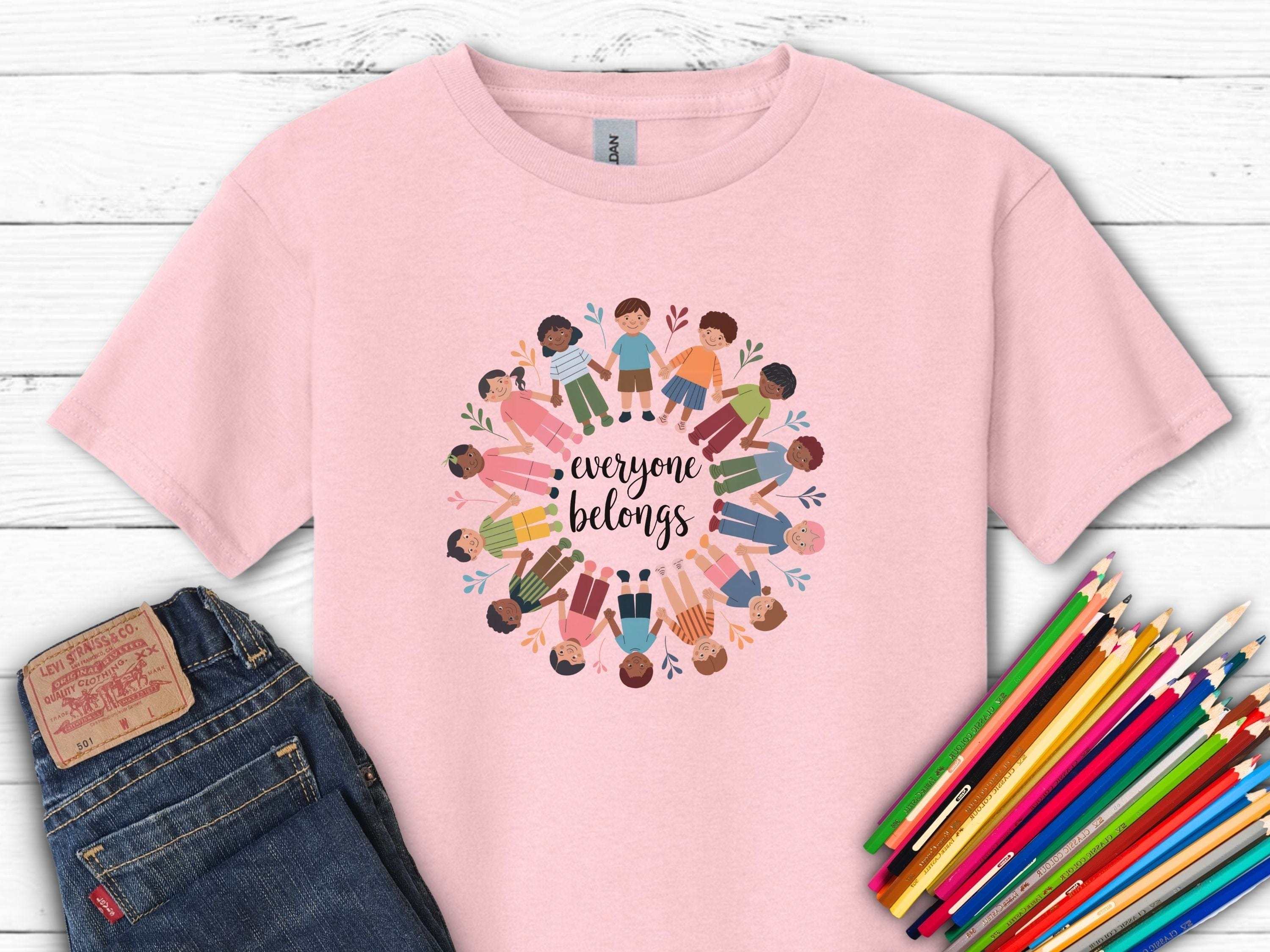 Everyone Belongs Kids Holding Hands Kids T-Shirt-Light Pink-Neurodiversity, ADHD & Autism Awareness & Acceptance Kids clothes by Daily Bloom