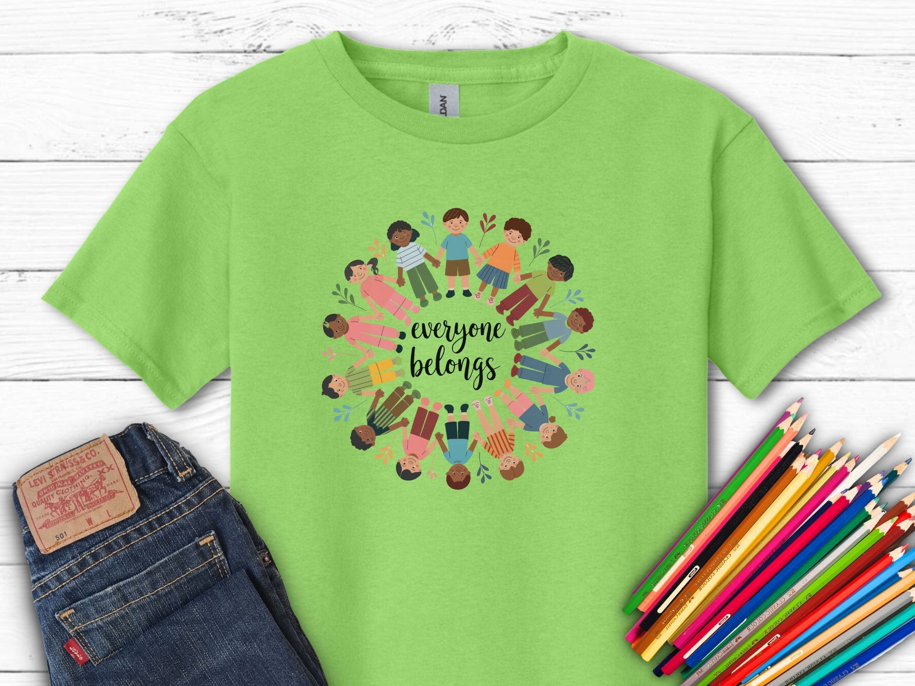 Everyone Belongs Kids Holding Hands Kids T-Shirt-Lime-Neurodiversity, ADHD & Autism Awareness & Acceptance Kids clothes by Daily Bloom