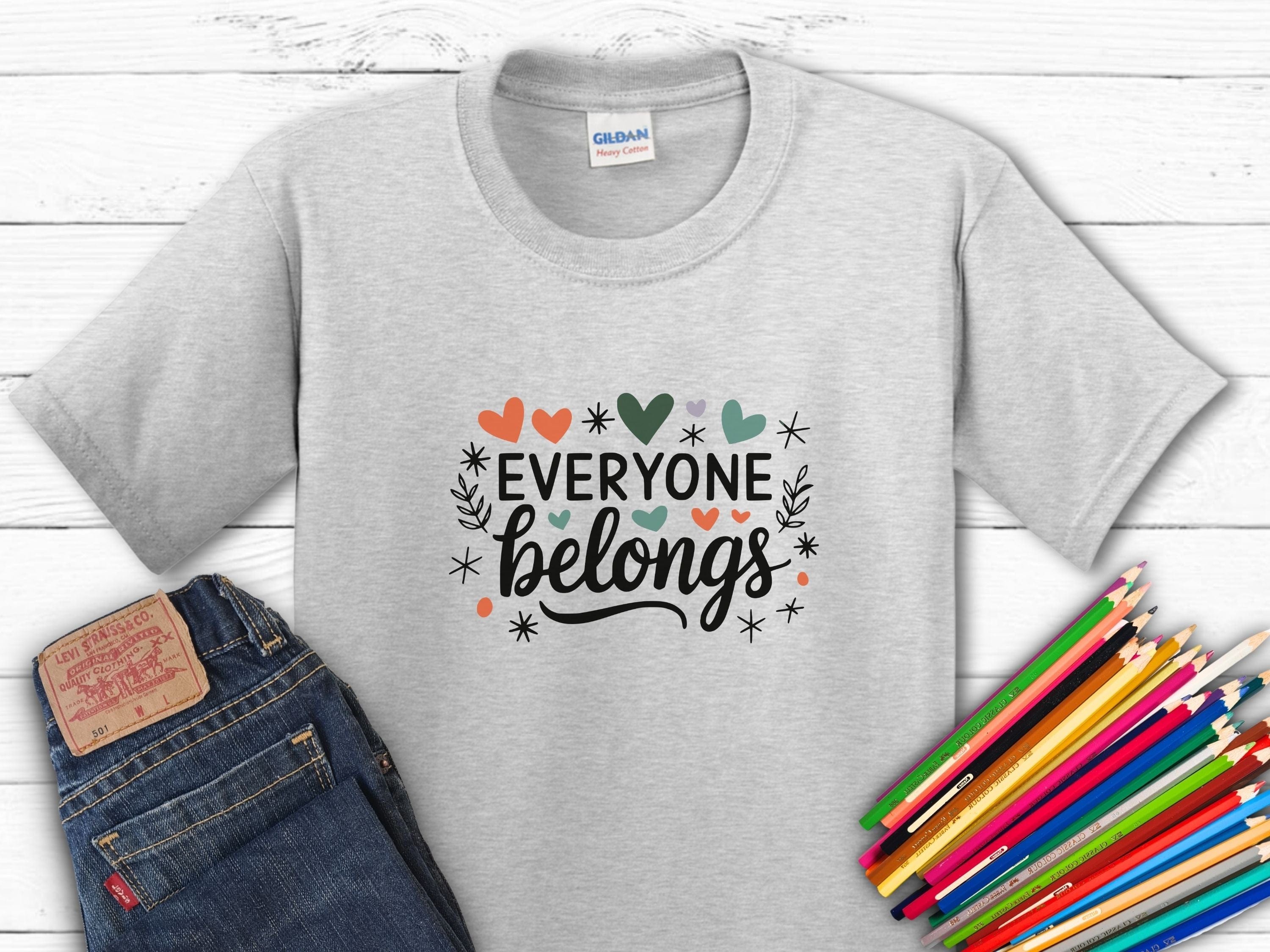 Everyone Belongs Love Hearts Kids T-Shirt-Ash-Neurodiversity, ADHD & Autism Awareness & Acceptance Kids clothes by Daily Bloom