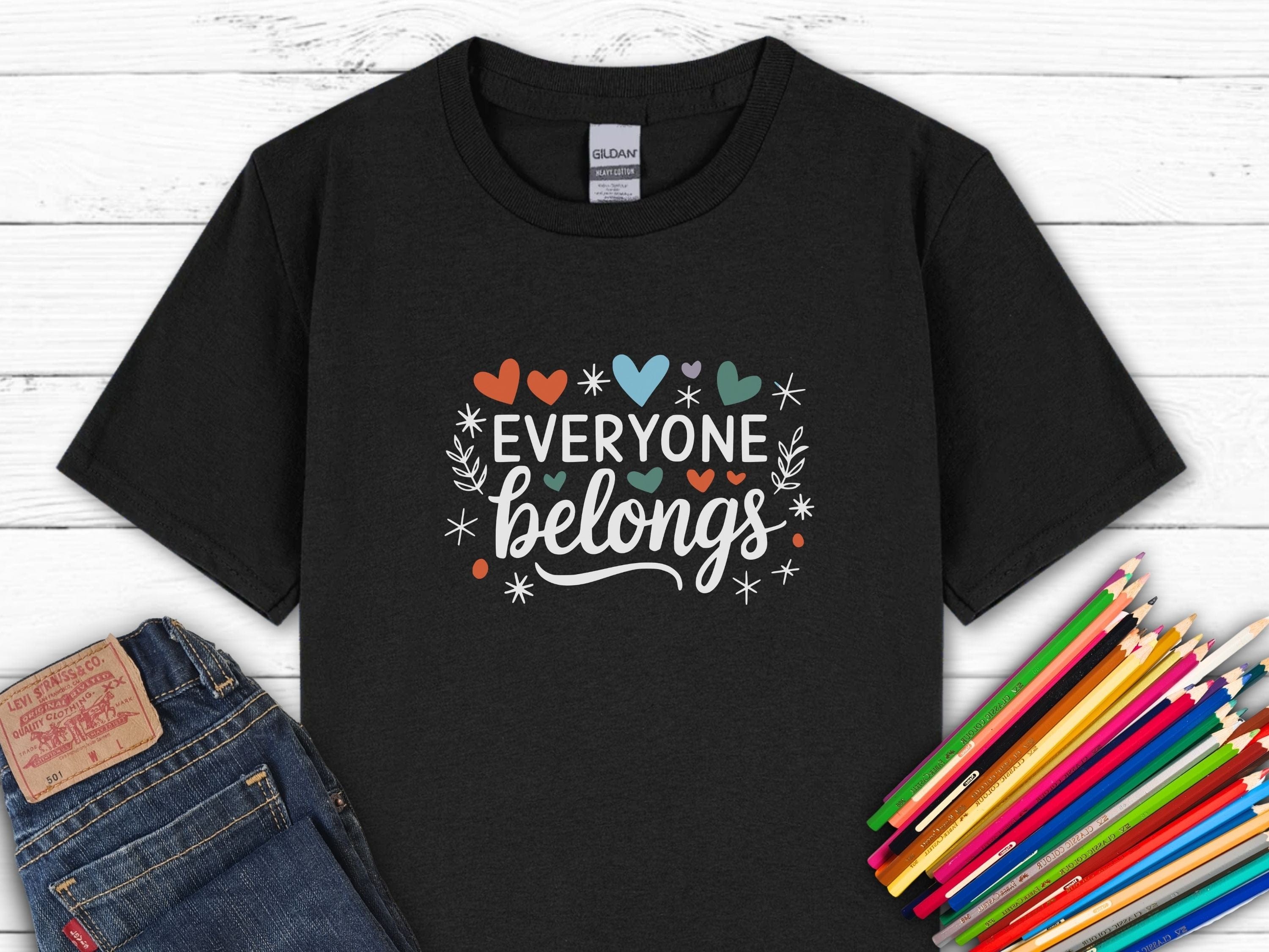 Everyone Belongs Love Hearts Kids T-Shirt-Black-Neurodiversity, ADHD & Autism Awareness & Acceptance Kids clothes by Daily Bloom