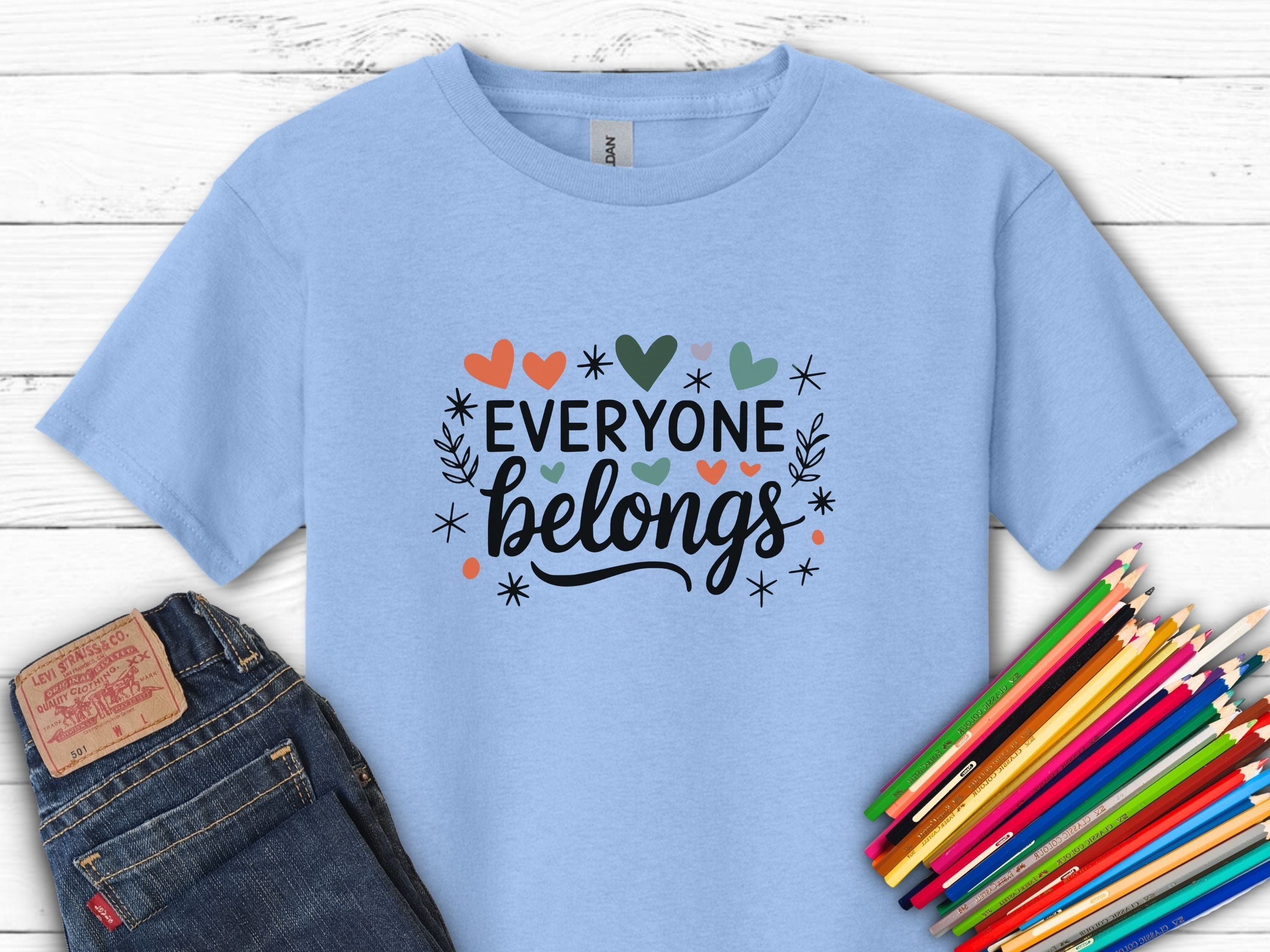Everyone Belongs Love Hearts Kids T-Shirt-Light Blue-Neurodiversity, ADHD & Autism Awareness & Acceptance Kids clothes by Daily Bloom