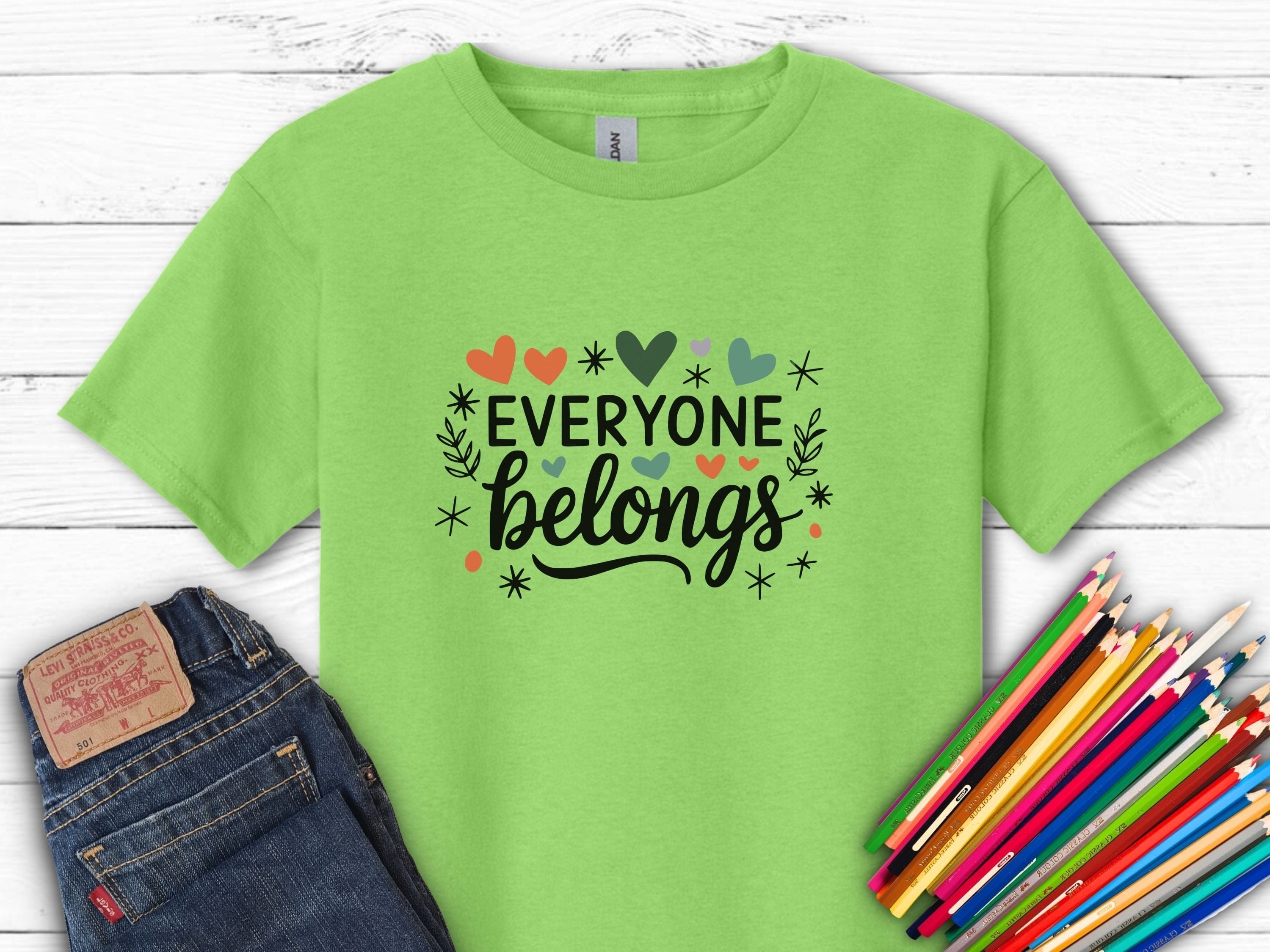 Everyone Belongs Love Hearts Kids T-Shirt-Lime-Neurodiversity, ADHD & Autism Awareness & Acceptance Kids clothes by Daily Bloom