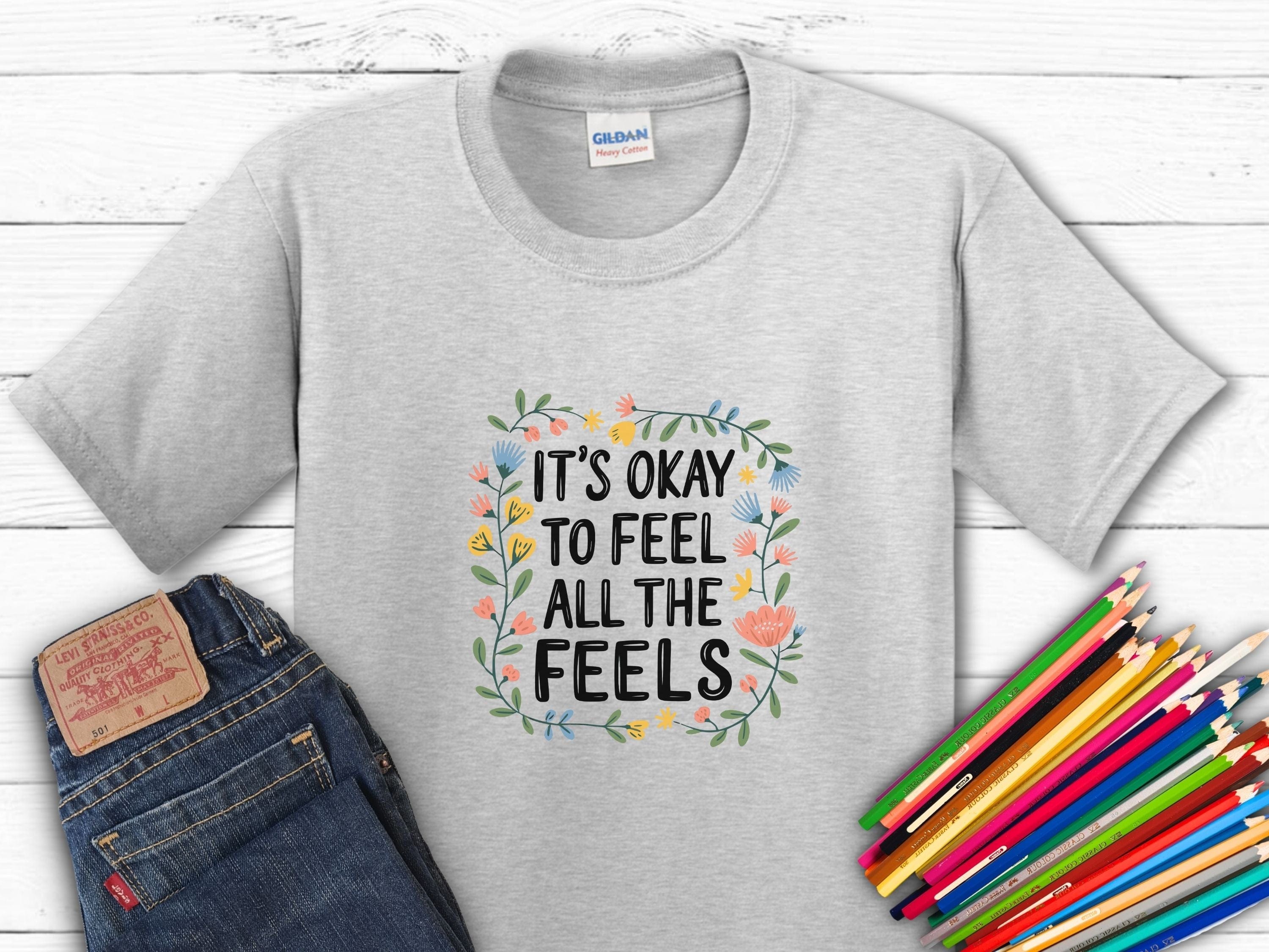 It's Okay To Feel All The Feels Kids T-Shirt-Ash-Neurodiversity, ADHD & Autism Awareness & Acceptance Kids clothes by Daily Bloom