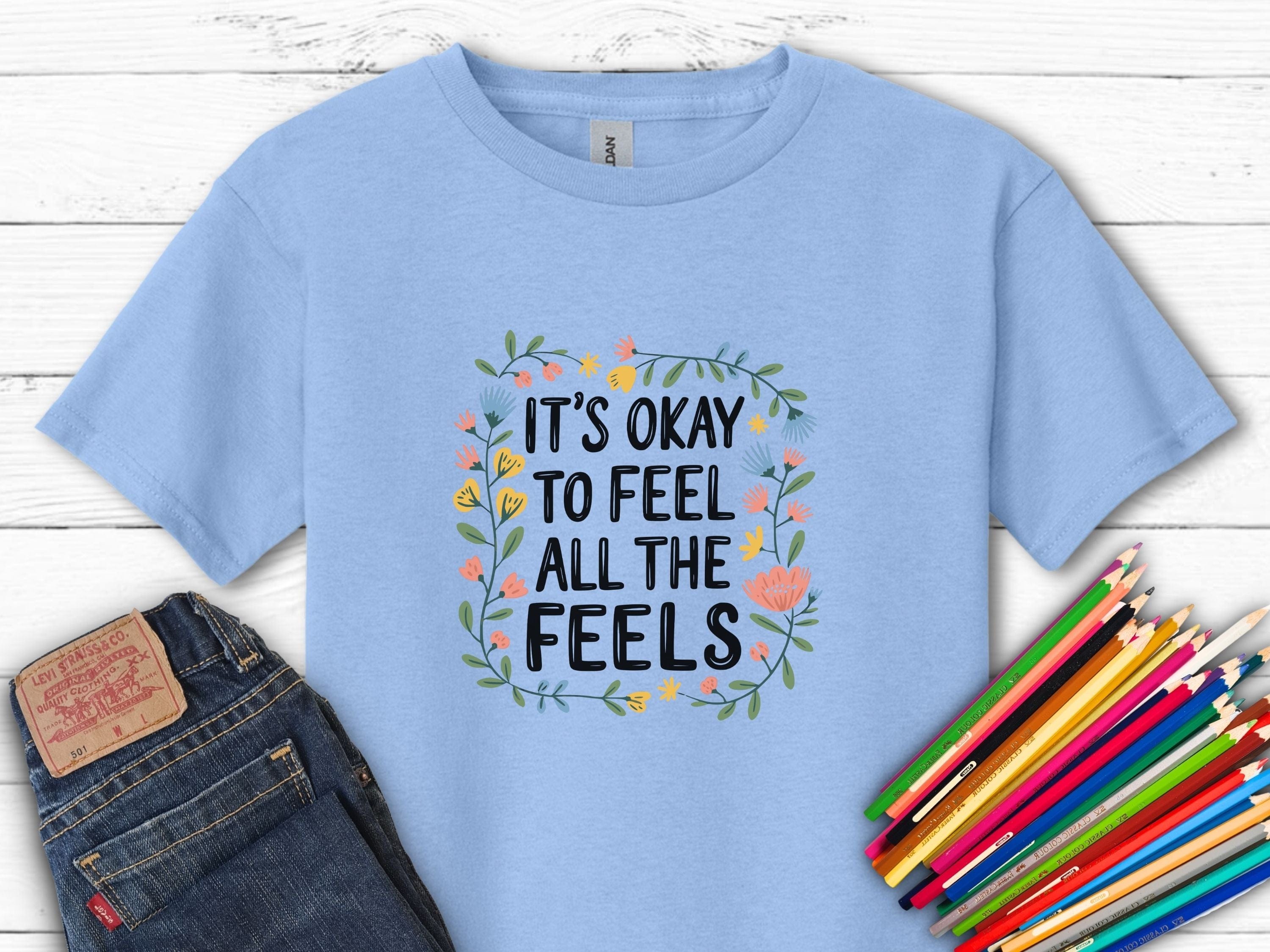 It's Okay To Feel All The Feels Kids T-Shirt-Light Blue-Neurodiversity, ADHD & Autism Awareness & Acceptance Kids clothes by Daily Bloom