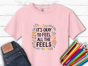 It's Okay To Feel All The Feels Kids T-Shirt-Light Pink-Neurodiversity, ADHD & Autism Awareness & Acceptance Kids clothes by Daily Bloom